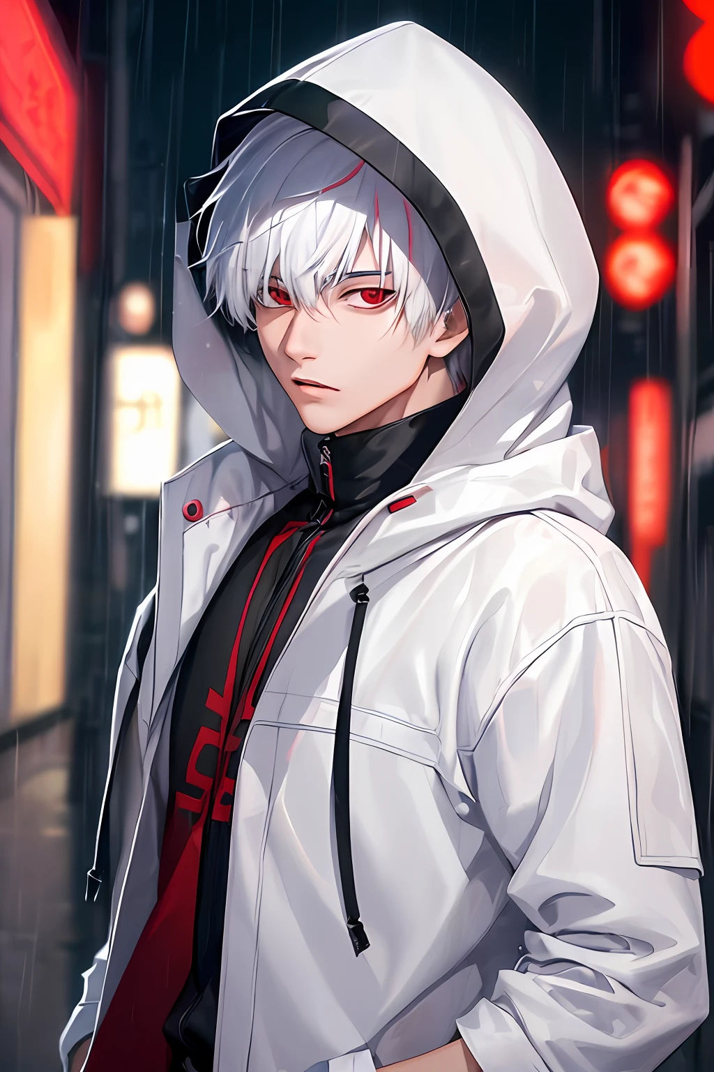 kk, best quality, more details, masterpiece, 1boy, kaneki ken, portrait, male focus, red eyes, solo, bangs, looking at viewer, hood, short hair, rain, tokyo tokyo \(city\), hood up, nail polish, white hair, luxurious, 8k, detailed, ray tracing, depth of field, cinematic lighting,