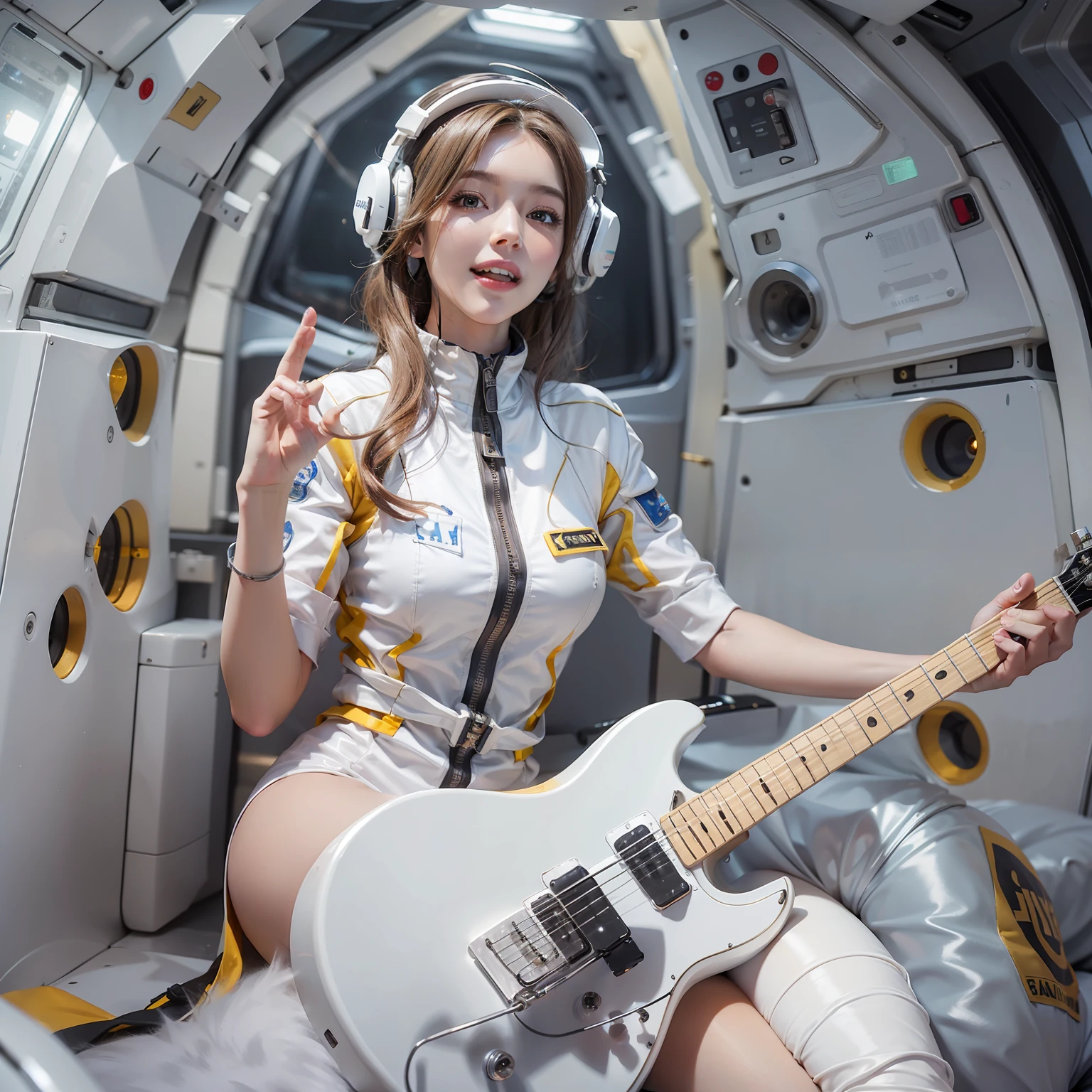 Enchanted woman happy to raise her hand Perfect beauty Beautiful white skin Beautiful eyes Lustrous lips lovely smile Wearing a spacesuit with a visible stomach that sticks to the body holding an electric guitar Functional head phone Inside the spacecraft