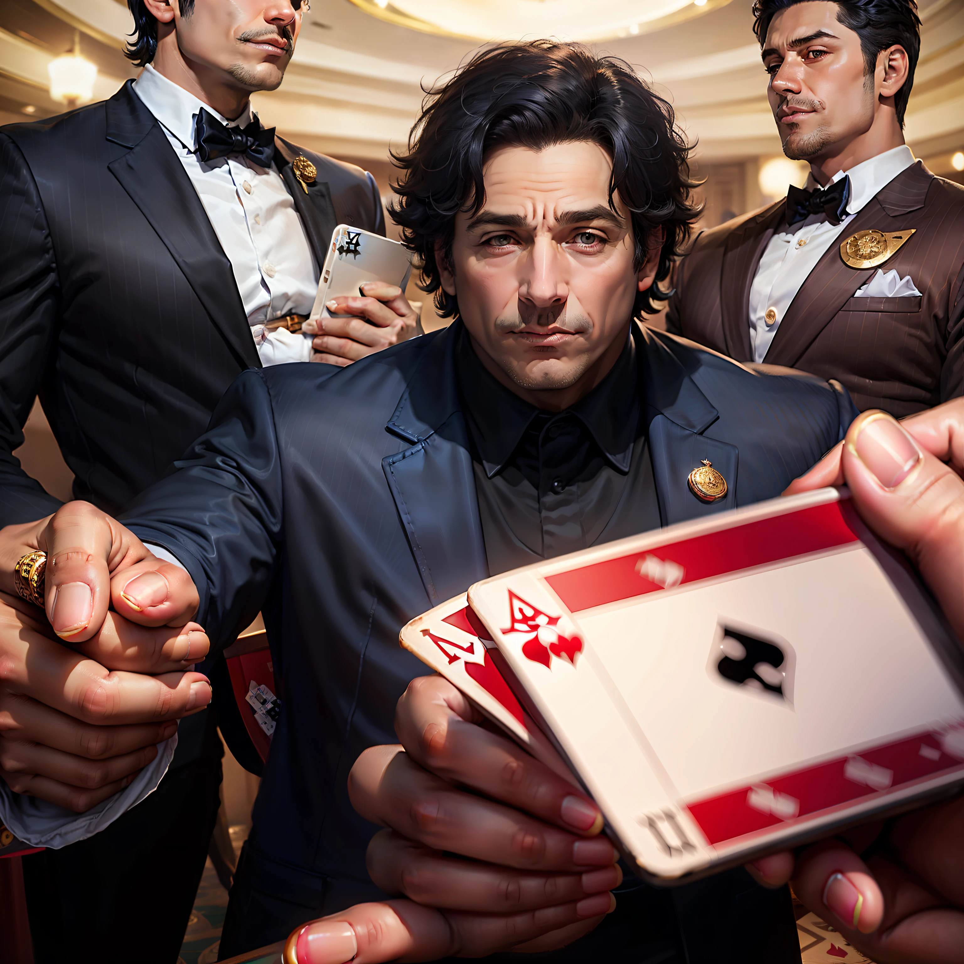 casino,first person,Holding two kings of all sizes,Background bokeh,tmasterpiece,jocker