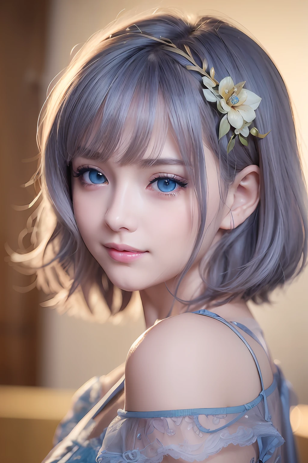 animesque、anime styled、Speciality、Moisturized eyes、Beautiful detailed eyes, (Short hair:1.2), (8K, Best Quality, masutepiece:1.2), (Realistic, Photorealsitic:1.37), Ultra-detailed, a closeup、portraitures、1 girl, Cute, Blue-golden hair、Solo, (nose blush),(Smile:1.15),