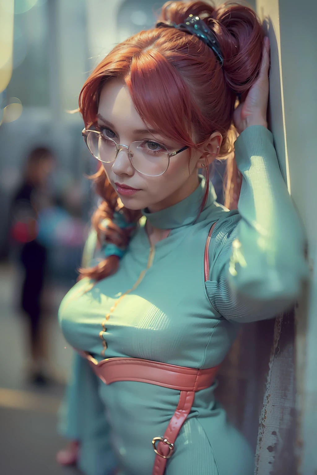 ( 
    (Character: one irish woman, (40 years old), red hair, long ponytail hair) 
    (Clothing: cyan vintage dress, pantyhose, high heels boots, glasses)
    (Pose: full body shot:1.7, dynamic pose)
    (blurry, intense urban lights in background) 
    (Style: ((masterpiece:1.5)), (face detailed), photo-realistic:1.3, hyperrealistic, foggy, high contrast, shiny skin, soft lighting, backlighting, bloom, light sparkles, chromatic aberration)