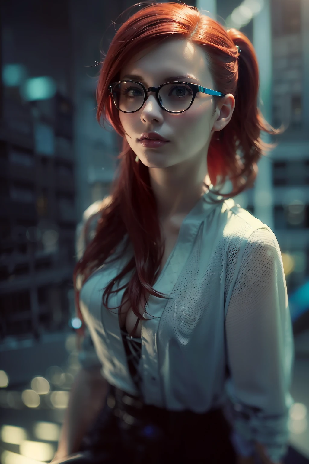 (
(Character: one irish woman, (40 years old), red hair, long ponytail hair)
(Clothing: cyan vintage dress, pantyhose, high heels boots, glasses)
(Pose: full body shot:1.7, dynamic pose)
(blurry, intense urban lights in background)
(Style: ((masterpiece:1.5)), (face detailed), photo-realistic:1.3, hyperrealistic, foggy, high contrast, shiny skin, soft lighting, backlighting, bloom, light sparkles, chromatic aberration)