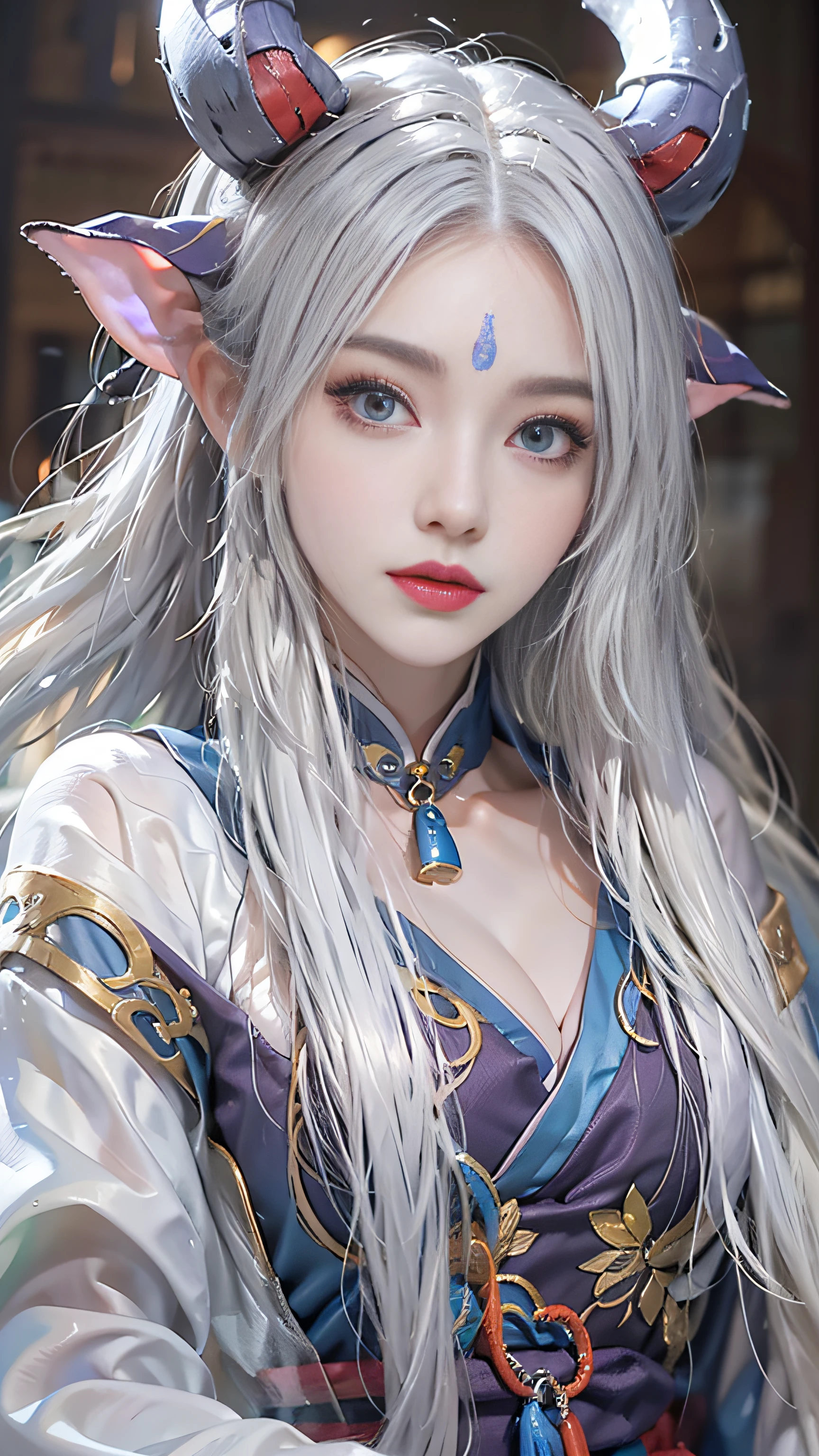 Super beautiful big glowing eyes、Photorealsitic, High resolution, 1 woman, Silver Long Hair, Beautiful eyes, normal breast, Ganyu clothes,gloves, Horns, Neck bell, pantyhose, Purple eyes, side locks, tassels, White sleeves,(ganyu \(GenshinImpact\))