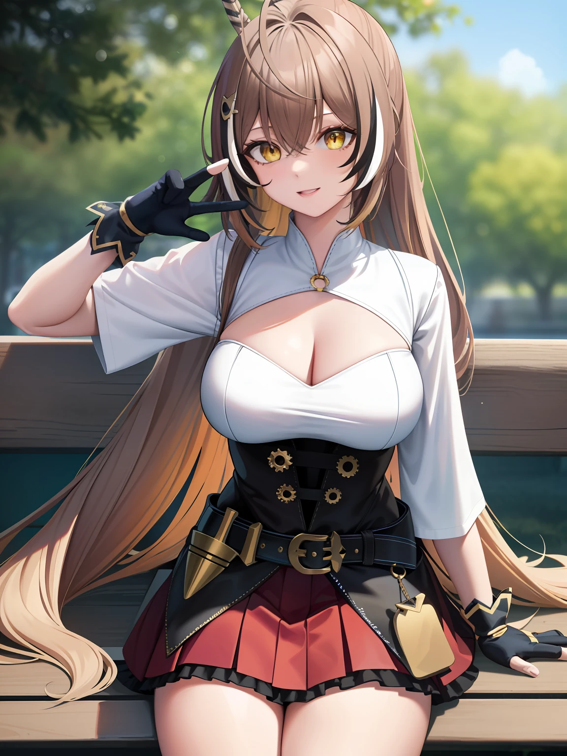 2D, Masterpiece, Best quality, anime big breast, Highly detailed face, highly details eye, highly detailed back ground, Perfect lighting, full bodyesbian, 1girll, Solo, nanashi mumei, Sitting, Waving, park bench, tree, (From the side Side:0.7), shirt, Corset, cleavage cutout, single thighhigh, Red skirt, knife, belt, Partially fingerless gloves, hair pin, feater, pony tails, Very long hair, :d full of bubbles fluffy summer sports T-beam space background cyberpunk fashion single design space background ((yellow navy: 1.3) + (Fashion: 1.1) + (Trendy: 1.2)), (perpect nike mark), (corona rendered), ((Summer sports T-Hu concept + concept art design): 1.3), (8K: 1.3), (2:3 aspect ratio + Warm color Q2), (750 pixels), ((fashion elements) :(1.1+ Yellow navy blue T-shirt with stylish elements)), (dynamics: 5)