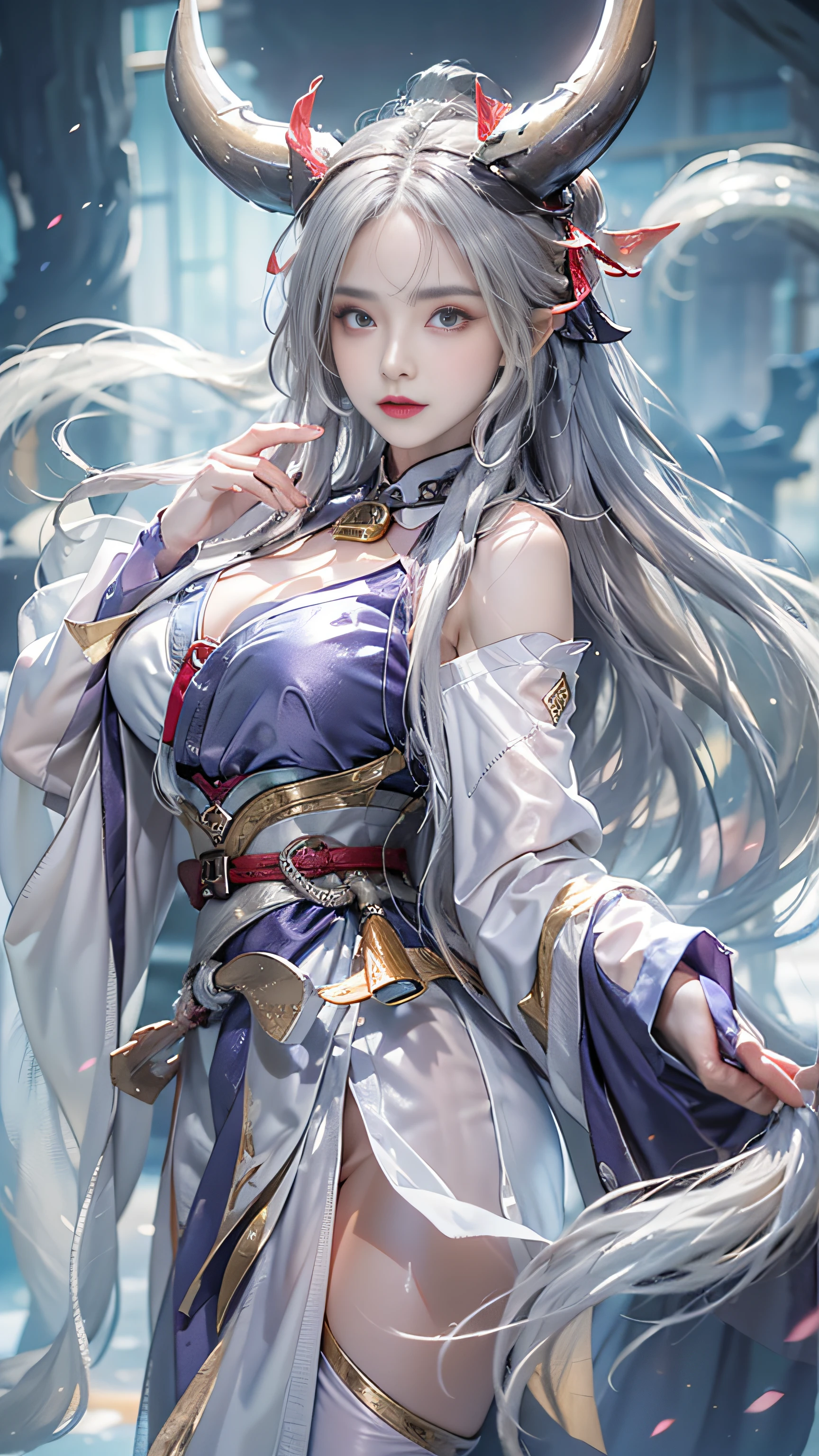 Super beautiful big glowing eyes、Photorealsitic, High resolution, 1 woman, Silver Long Hair, Beautiful eyes, normal breast, Ganyu clothes,gloves, Horns, Neck bell, pantyhose, Purple eyes, side locks, tassels, White sleeves,(ganyu \(GenshinImpact\))