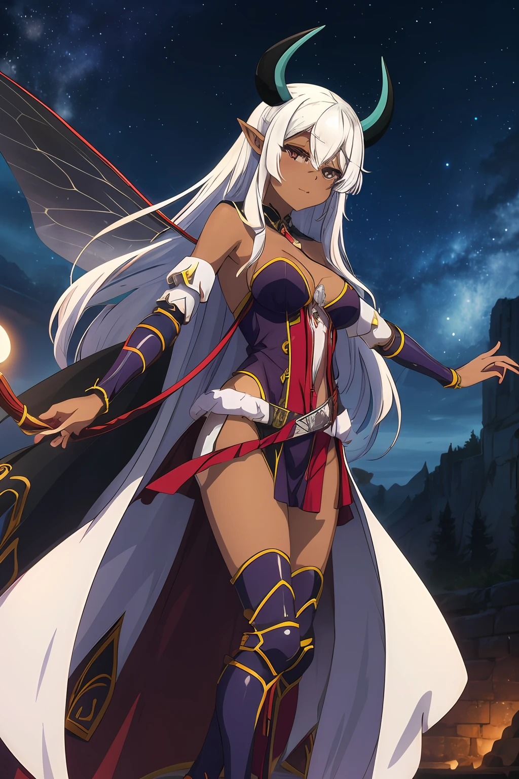 beelzebub, 1girl, breasts, cleavage, dark-skinned female, dark skin, demon horns, hair between eyes, horns, long hair, full body, looking at viewer, medium breasts, pointy ears, floating, night sky, starry sky, magical, casting spell