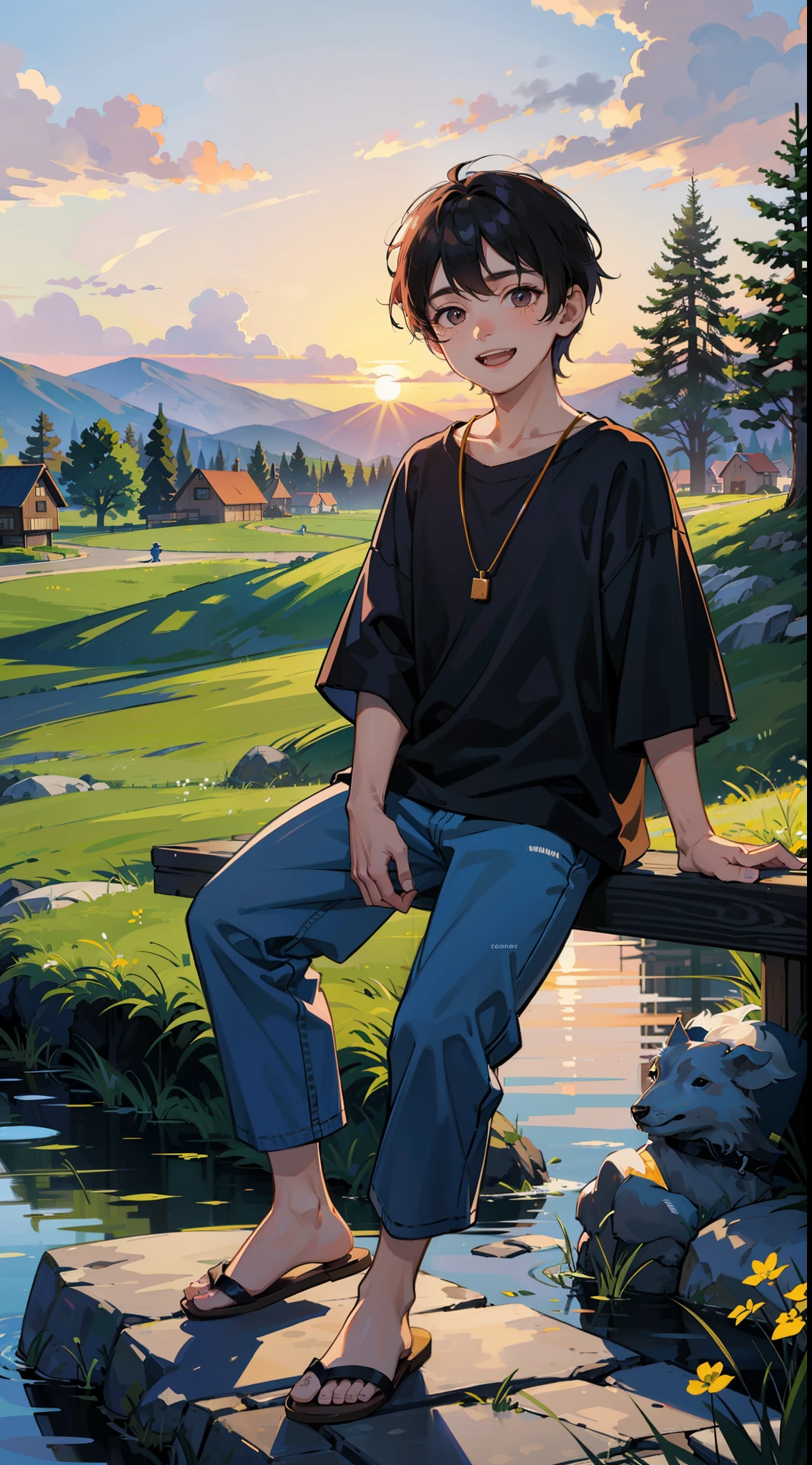 A happy little boy,Dressed in casual attire,Wear slippers,Sit on the rocks of the meadow,The background is the village,There is a cute little dog next to it,Sunset and sunset,Face the camera,Full body photo,Ultra-high definition