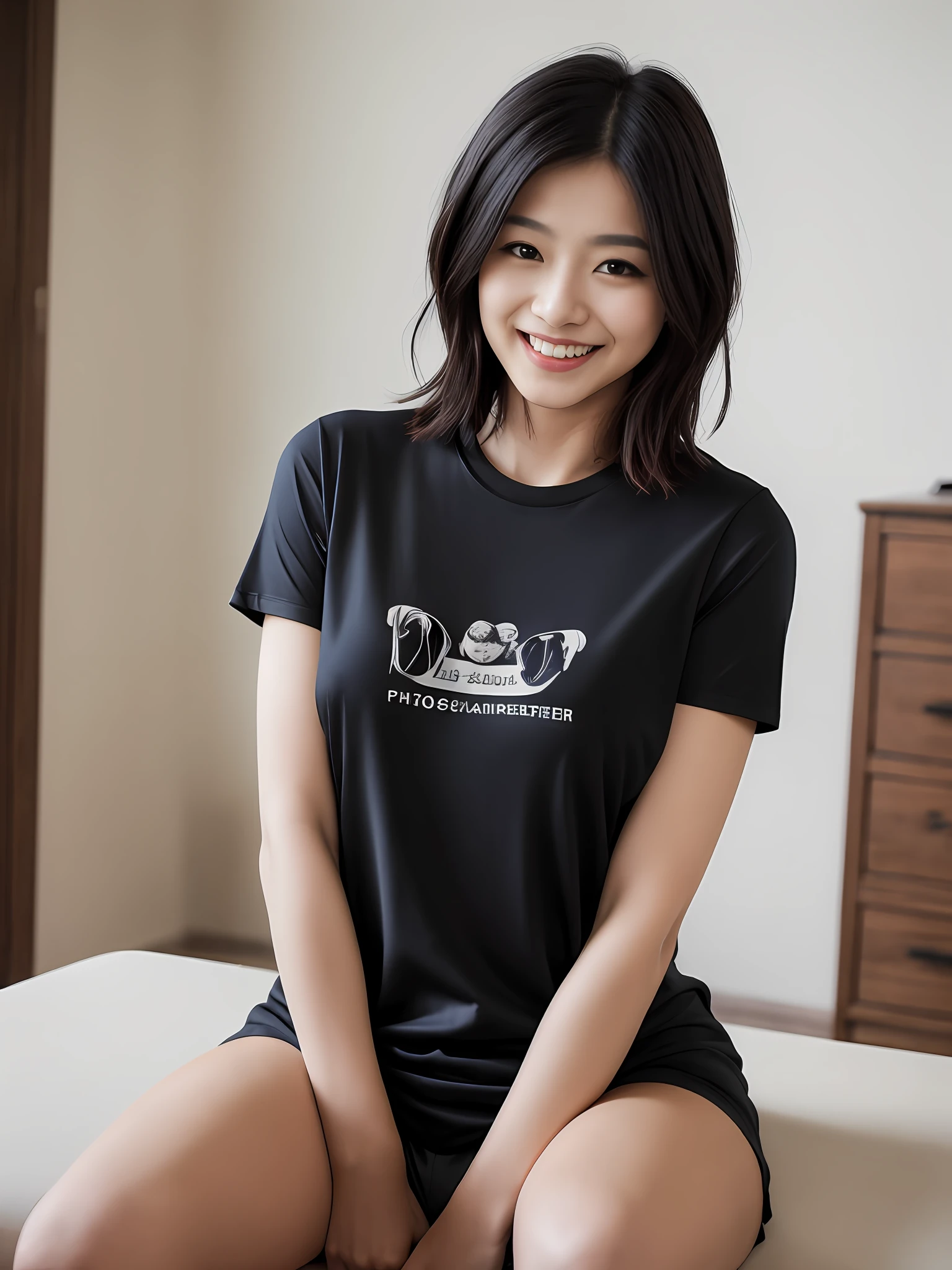 (tshirts:1.3), (Photorealsitic:1.4), (Top image quality:1.0), (超A high resolution:1.0), 8K, Raw photography, Sitting on a park bench、(masterpiece:0.2), The ultra-detailliert, Close Short, 1male people, Beautiful skin, More skin,Looking at the camera, (a short bob:1.3), A smile, (White teeth:1)