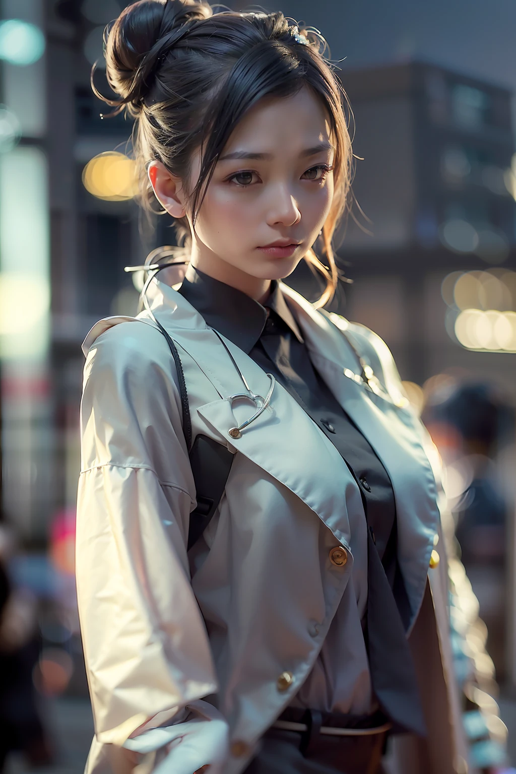 ( 
    (Character: one chinese woman, 40 years old, medical examiner, high bun in the hair, small smile)
    (Clothing: medical coat, gray hakama pants, flat shoes)
    (Pose: full body shot:1.7, dynamic pose)
    (blurry, intense urban lights in background) 
    (Style: ((masterpiece:1.5)), (face detailed), photo-realistic:1.3, hyperrealistic, foggy, high contrast, shiny skin, soft lighting, backlighting, bloom, light sparkles, chromatic aberration)