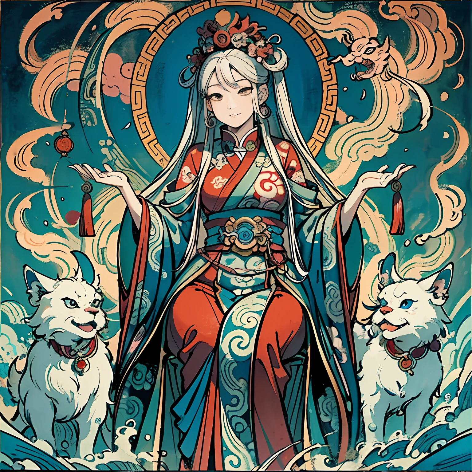 The woman in the red dress holds a wishful car，Guanyin in the South China Sea in ancient China、Guanyin、Under the image of the white-haired god，Artwork showcasing Z style。Ancient Chinese mythology is inspired by paintings by Wu Daozi，Depicts the image of Mu Yanling, the queen of the sea, and ancient Chinese beauties，Incorporates elements of Taoism and Amaterasu。