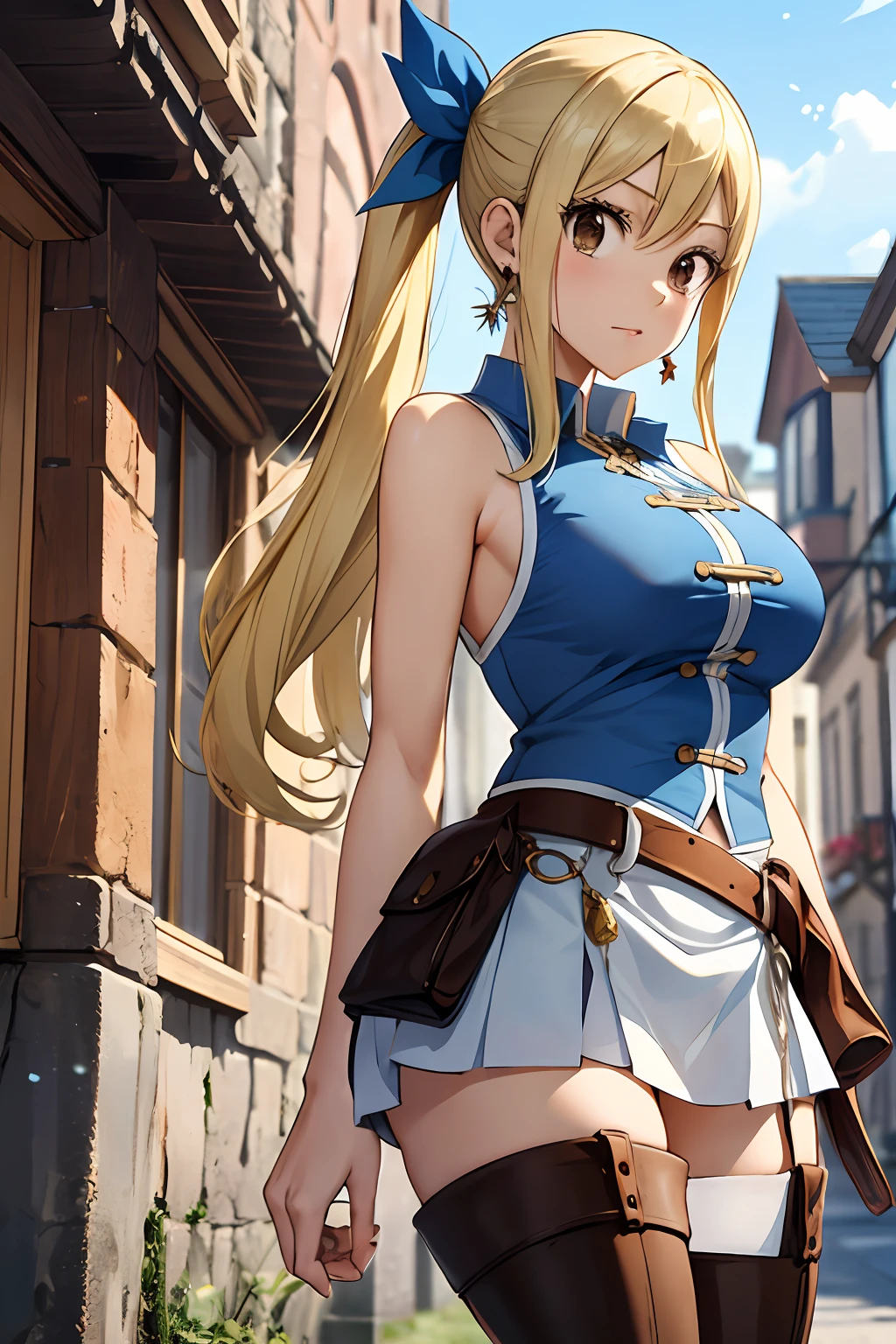 asterpiece, best quality, highres, lucy heartfilia, blonde hair, long hair, side ponytail, blue ribbon, large breasts, earrings, thigh boots, blue shirt, sleeveless shirt, white skirt, standing, outdoors, town, house, cowboy shot, looking at viewer,