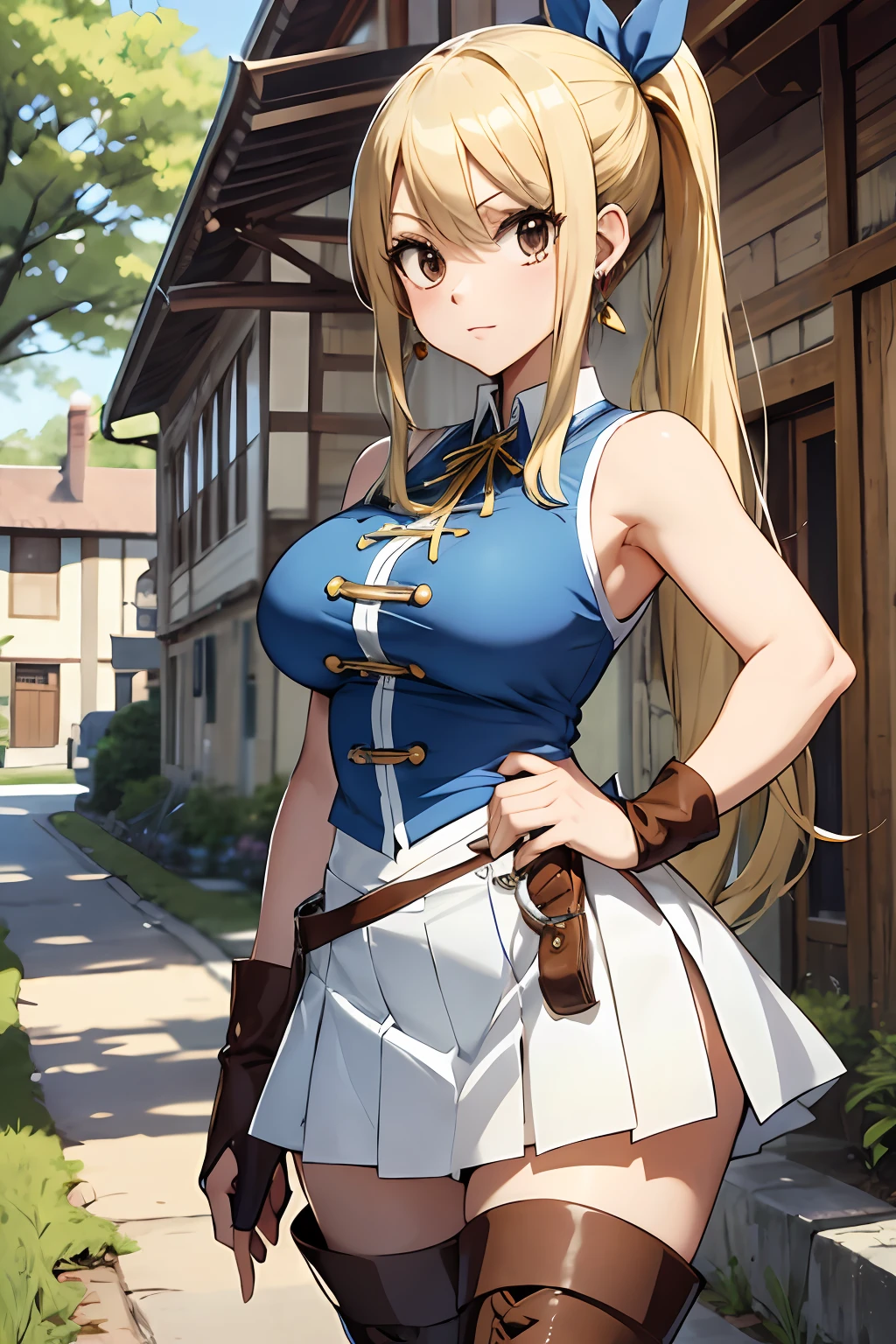 asterpiece, best quality, highres, lucy heartfilia, blonde hair, long hair, side ponytail, blue ribbon, large breasts, earrings, thigh boots, blue shirt, sleeveless shirt, white skirt, standing, outdoors, town, house, cowboy shot, looking at viewer,