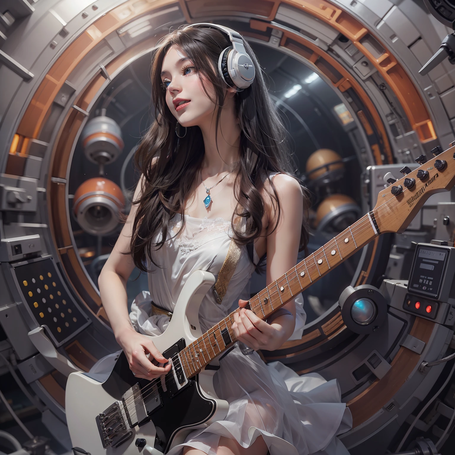 Enchanted woman happy to raise her hand Perfect beauty Beautiful white skin Beautiful eyes Lustrous lips lovely smile Wearing a sleeveless dress that sticks to the body holding an electric guitar Functional head phone Inside the spacecraft