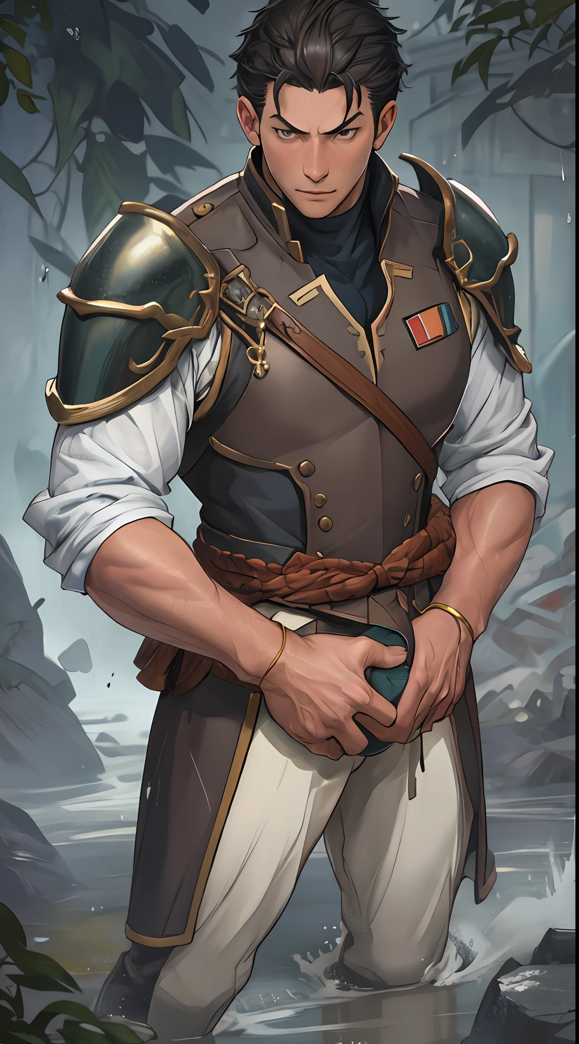 tmasterpiece，best qualityer，illustratio，Realisticstyle，photo realistic style，detail in face，offcial art，Movie lighting，1male people，Combat uniforms and armor，are standing，Close-up of the crotch，Crotch view，Drenched，Get wet， Solo ，Handsome，virile，Handsome face，[[[［musculature］，Short hair，Gold eyes，looking at viewert
