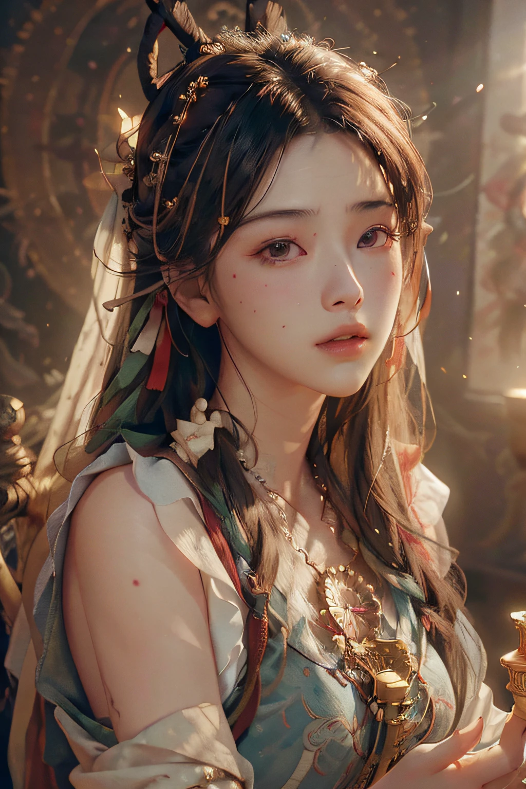 (RAW photo, best quality), (realistic, photo-realistic:1.3),best quality,highly detailed,masterpiece,ultra-detailed,illustration,1girl,upper_body,dynamic angle,world masterpiece theater,messy_long_hair,best quality,extremely detailed CG unity 8k wallpaper,ink,Amazing,cinematic lighting,lens_flare, dunhuang_style