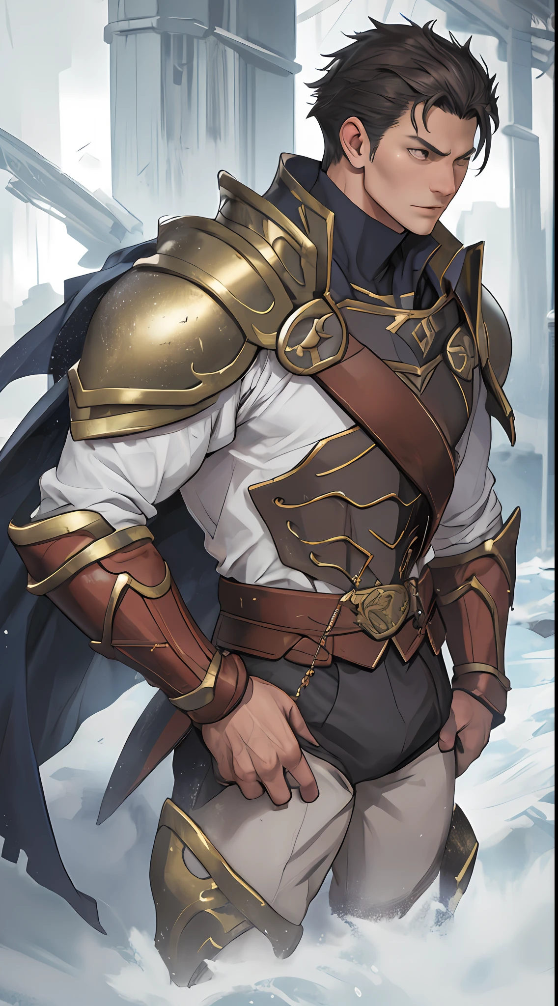 tmasterpiece，best qualityer，illustratio，Realisticstyle，photo realistic style，detail in face，offcial art，Movie lighting，1male people，Combat uniforms and armor，are standing，Close-up of the crotch，Crotch view，Drenched，Get wet， Solo ，Handsome，virile，Handsome face，[[[［musculature］，Short hair，Gold eyes，looking at viewert
