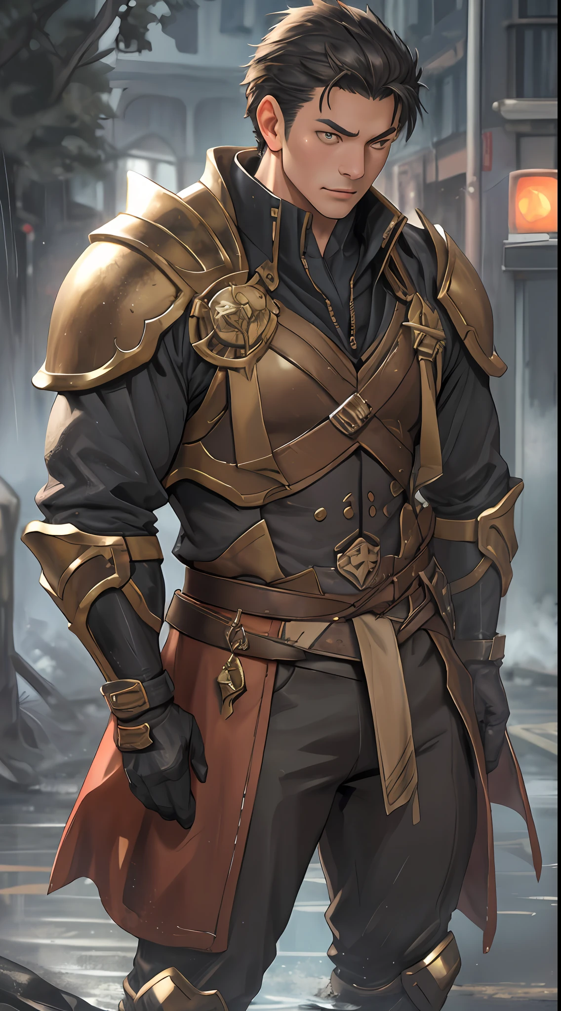 tmasterpiece，best qualityer，illustratio，Realisticstyle，photo realistic style，detail in face，offcial art，Movie lighting，1male people，Combat uniforms and armor，are standing，Close-up of the crotch，Crotch view，Drenched，Get wet， Solo ，Handsome，virile，Handsome face，[[[［musculature］，Short hair，Gold eyes，looking at viewert