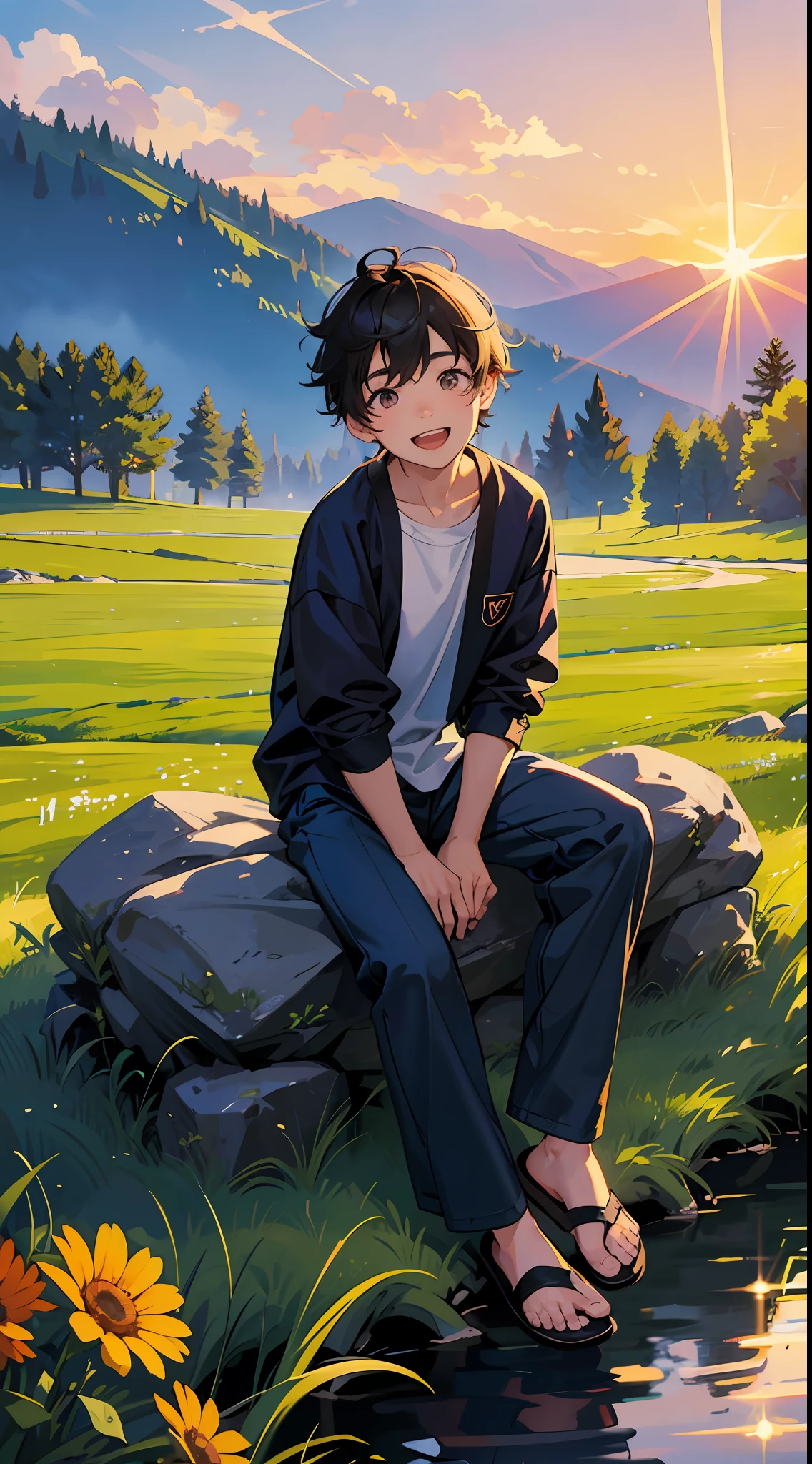A happy boy,Dressed in casual attire,Wear slippers,Sit on the rocks of the meadow,The background is the village,There is a cute little dog next to it,Sunset and sunset,Face the camera,Full body photo,Ultra-high definition