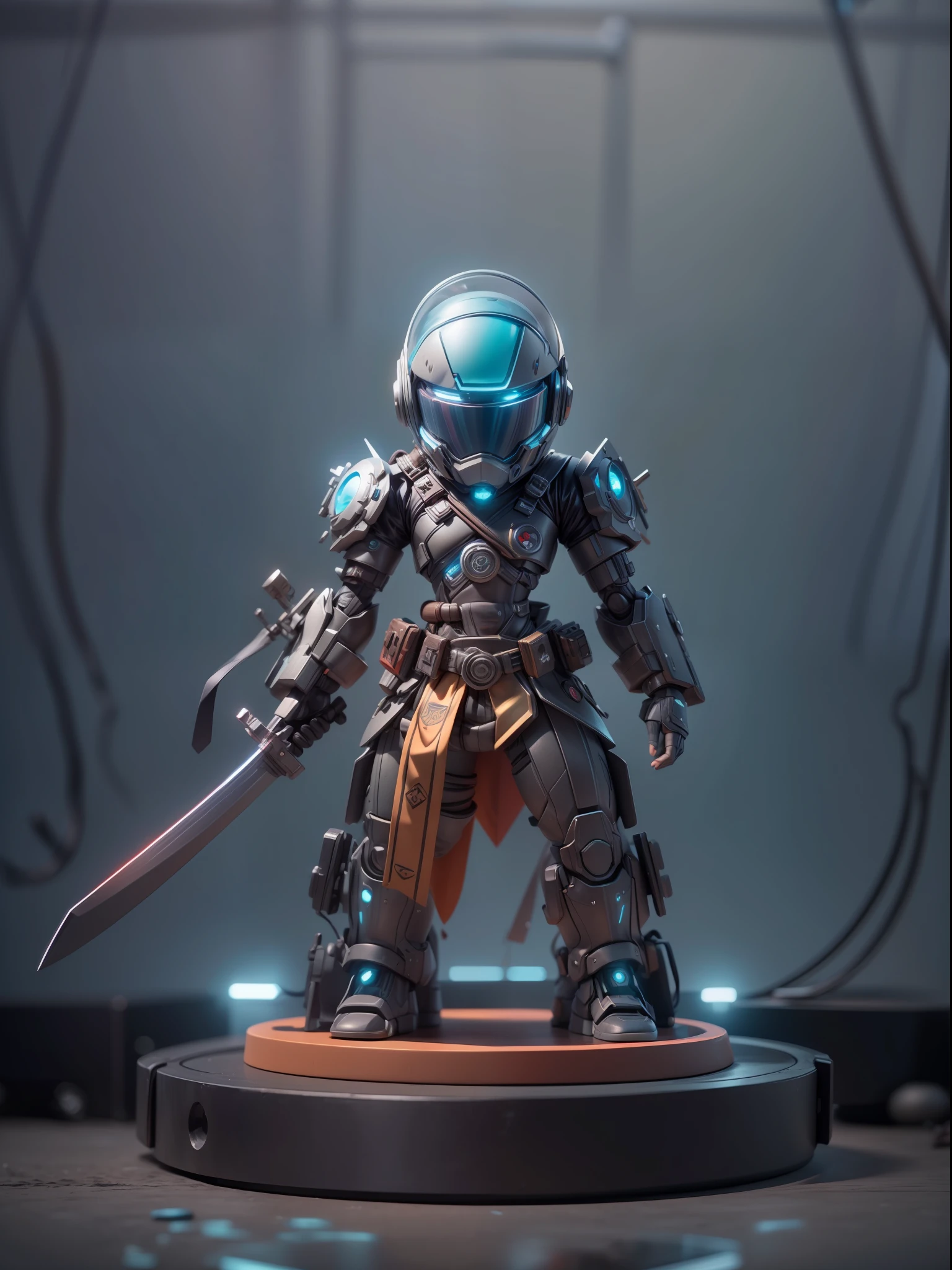 (Blind box toy style:1.2), (Full body shot) , (1 cute strong metal swordsman,solo) Metal mech,Metal opaque helmet, cyber punk perssonage, dreamy glow, Clean, Black draft,red and blue style,(circular base) ( Global illumination, Ray traching, hdr, unreal render,reasonable design, high detal, Masterpiece, Best quality, hyper HD, Cinematic lighting)