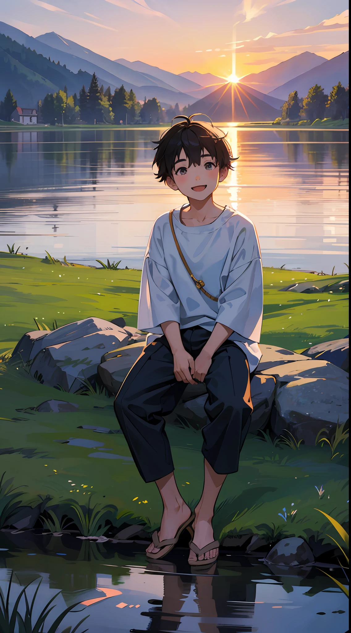 A happy  boy，Dressed in casual attire，Wear slippers，Sit on the rocks of the meadow，The background is the village，There is a cute little dog next to it，Sunset and sunset，Face the camera，Full body photo，Ultra-high definition