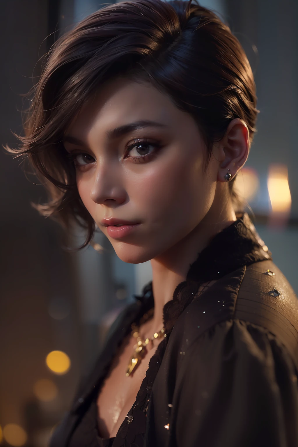 ( 
    (Character: one Israeli woman, 20 years old, brunette, short hair)
    (Clothing: wine red lawyer clothes, jewels, high heels)
    (Pose: full body shot:1.7, dynamic pose)
    (blurry, intense urban lights in background) 
    (Style: ((masterpiece:1.5)), (face detailed), photo-realistic:1.3, hyperrealistic, foggy, high contrast, shiny skin, soft lighting, backlighting, bloom, light sparkles, chromatic aberration)
