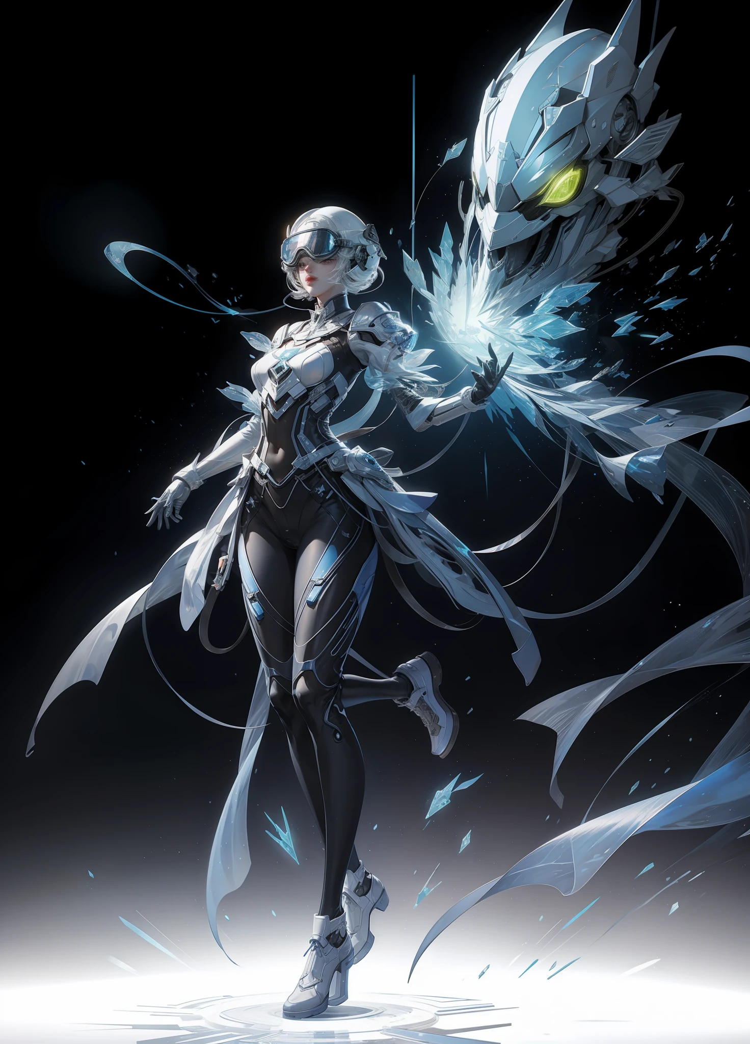 Full body photo，1 girl in transparent tights，Transparent mech，Transparent helmet：1.2，Transparent goggles：1.2，Fantastic glow，ren，White background，（globalillumination，Ray traching，HDR，Unrealistic rendering，reasonable design，high detal，tmasterpiece，Best quality at best，hyper HD，cinmatic lighting）
