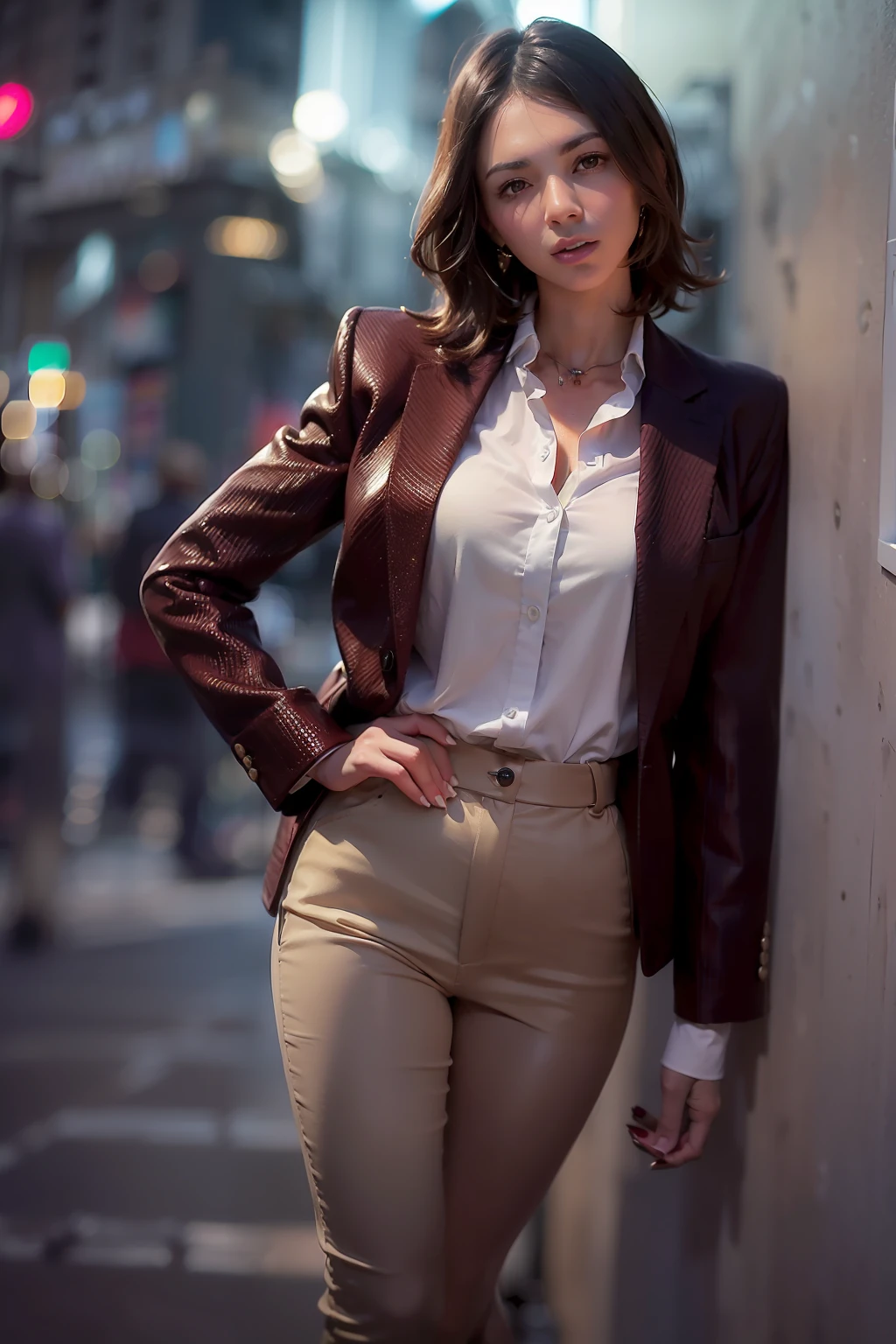(
(Character: one Israeli woman, 20 years old, brunette, short hair)
(Clothing: wine red lawyer clothes, jewels, high heels)
(Pose: full body shot:1.7, dynamic pose)
(blurry, intense urban lights in background)
(Style: ((masterpiece:1.5)), (face detailed), photo-realistic:1.3, hyperrealistic, foggy, high contrast, shiny skin, soft lighting, backlighting, bloom, light sparkles, chromatic aberration)