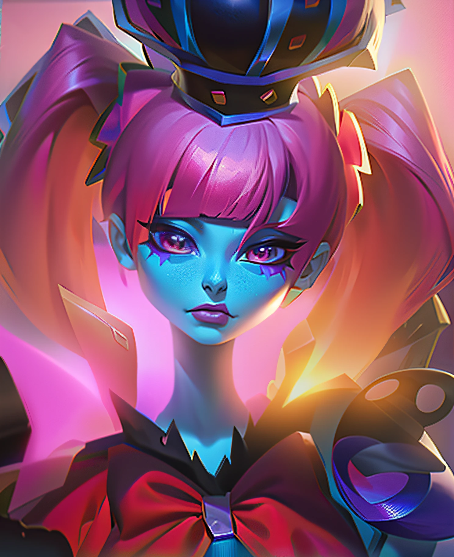 anime girl with pink hair and a pink bow and a crown on her head, portrait of jinx from arcane, league of legends style art, league of legends art style, portrait of magical girl, rossdraws and jazza, jazza and rossdraws, splash art anime loli, rossdraws cartoon vibrant, rossdraws digital painting, annie from league of legends