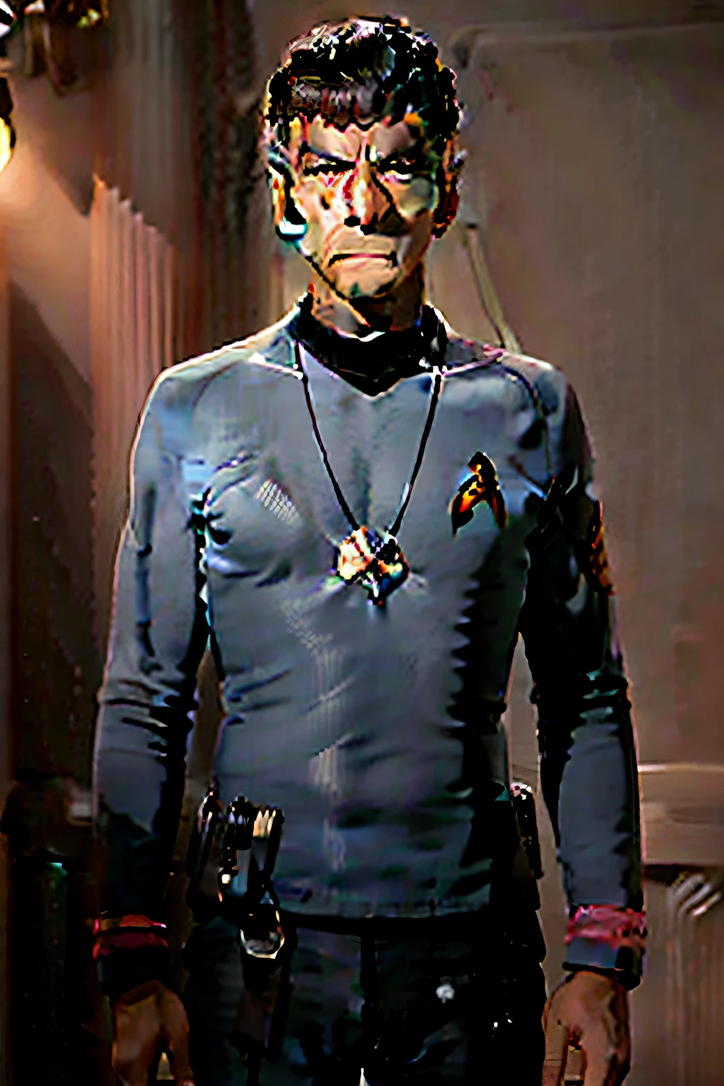 um homem vestindo o uniforme de Star Trek. O homem na imagem deve ter uma postura ereta, with arms at the side of the body. He must be wearing the classic Starfleet uniform, com a camisa de cor azul, with the command insignia on the left breast and a black necklace in the shape of "em". The uniform should have realistic details and faithful to the appearance of the series of Has. The face of the man in the image should be replaced with the face in the face photo provided, maintaining the original appearance and proportions. The man's facial expression should be serene and neutral. The background of the image can be a starry space scenario or a space bridge scenario, de acordo com a sua criatividade. A imagem final deve ser de alta qualidade, com detalhes bem definidos e cores realistas.