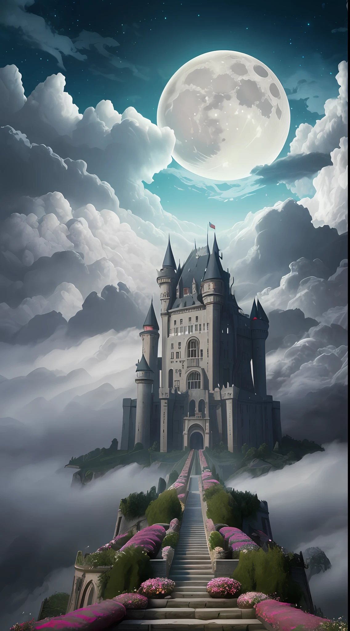 giant stairway from ground above to clouds castle, zigzag, fantasy, surreal, surreal colorful, transcendental moon glow, lush flowers, magic, (dark blue tone:0.8), hyperdetailed, detailed matte painting, deep color, fantastical, complementary colors, concept art, dynamic light, 8k resolution, unreal Engine 5, unreal engine,
