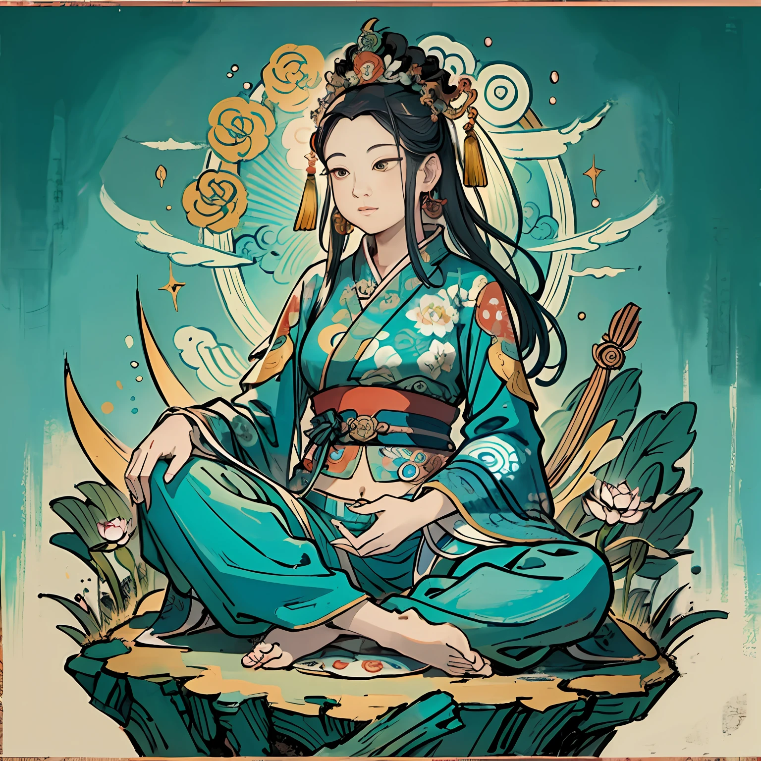 Woman sitting on a lotus,guanyin of the southern seas,Guanyin,contented female bodhisattva,jade sculpture,bodhisattva,queen of the sea mu yanling,serene,Serene expression,shui mo hua,Buddha,Buddhist,Lotus,Chinese painting style,Thangka style