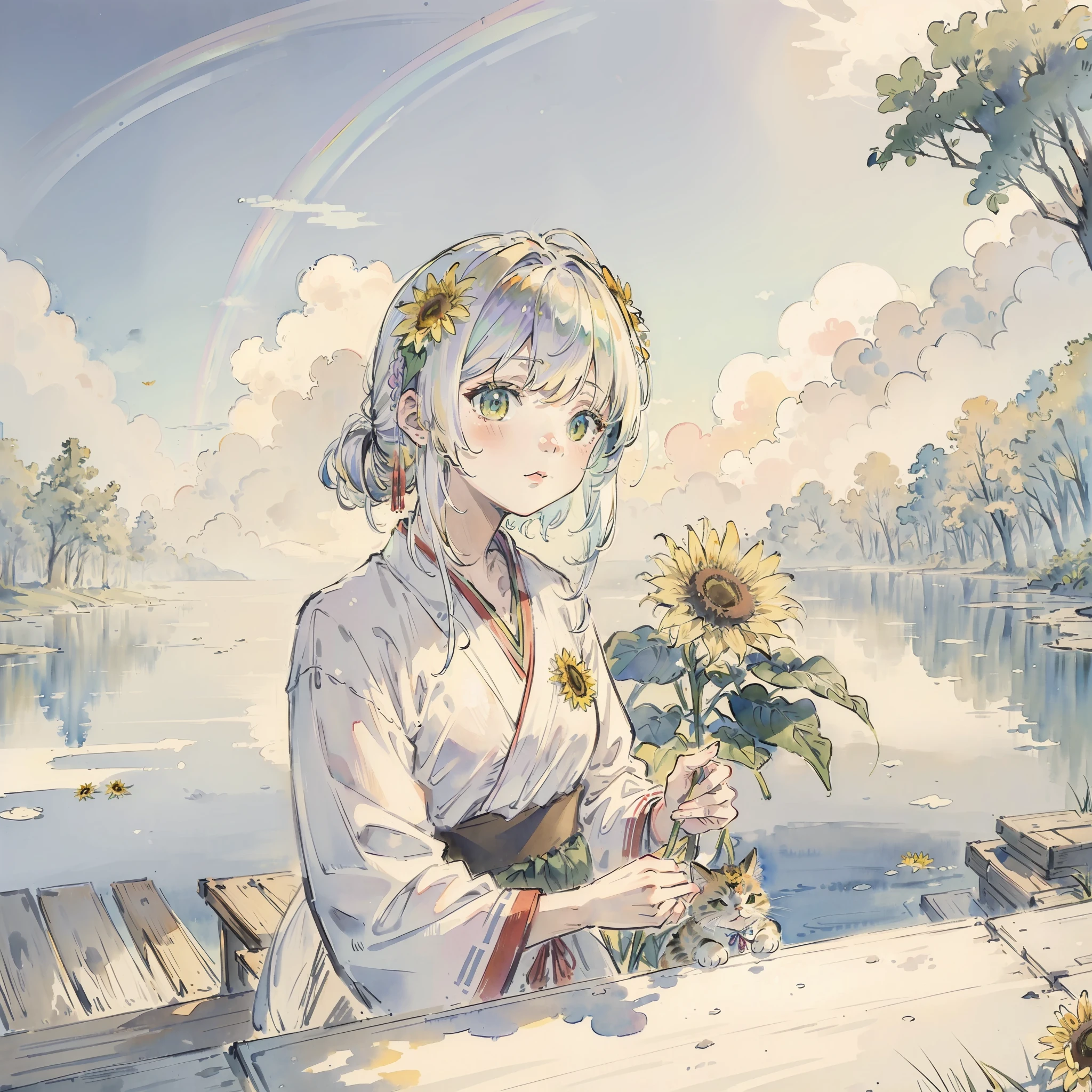 ((Best quality1.2、masutepiece))、(watercolor paiting)、((Holding a cute cat))、((Sun flower))、kawaii、White hair(rainbow-colored hair)