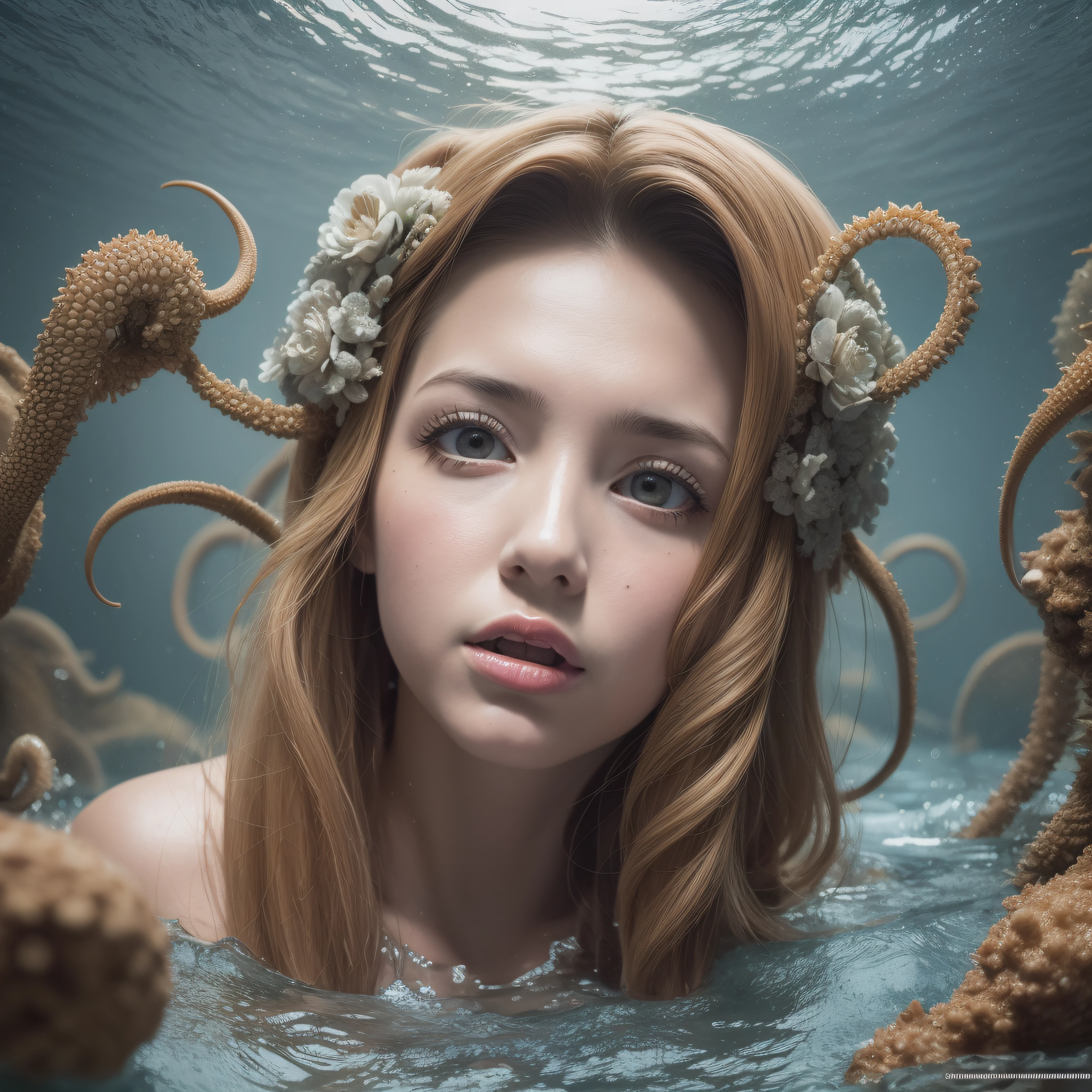 (extremadamente detallado, obra maestra, La mejor calidad), Estilo oscuro, intense illumination, una persona siendo atacada por una medusa gigante, rostro con arrugas, lengua larga, tentacle, deforme, monstruoso, interior de una piscina de agua verdosa, imagen submarina, alien con Colmillos finos, pico de pulpo amenazante. manchas de tinta. Rococo composition. Luz de caravaggio