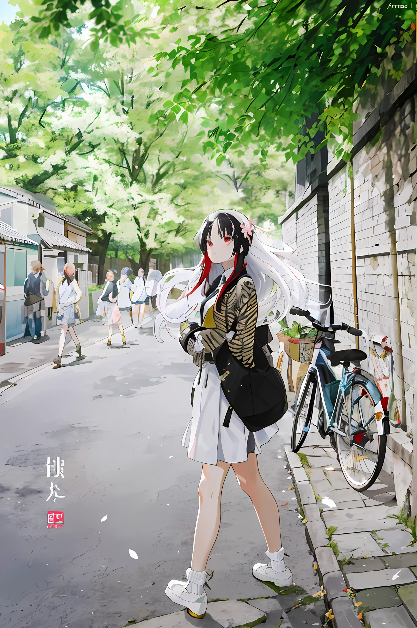 (Highest picture quality), (Master's work),(Detailed eyes description),(Detailed face description),
1girl,red eyes,white hair,(very long hair),very long hair (floating in the wind),hair ornament,white dress,small breast,bare legs,white socks,leather shoes,arms and hands behind back,blush,fluttering grass,(spring,sakura blossoms),petals,(lens flare),altocumulus,dazzling light,cool breeze,(shade) of [a sakura tree],meadow,(the grass is growing and the birds are flying),(lake,surface reflection)
(magazine:1.3), (cover-style:1.3), fashionable, woman, vibrant, outfit, posing, front, colorful, dynamic, background, elements, confident, expression, holding, statement, accessory, majestic, coiled, around, touch, scene, text, cover, bold, attention-grabbing, title, stylish, font, catchy, headline, larger, striking, modern, trendy, focus, fashion,