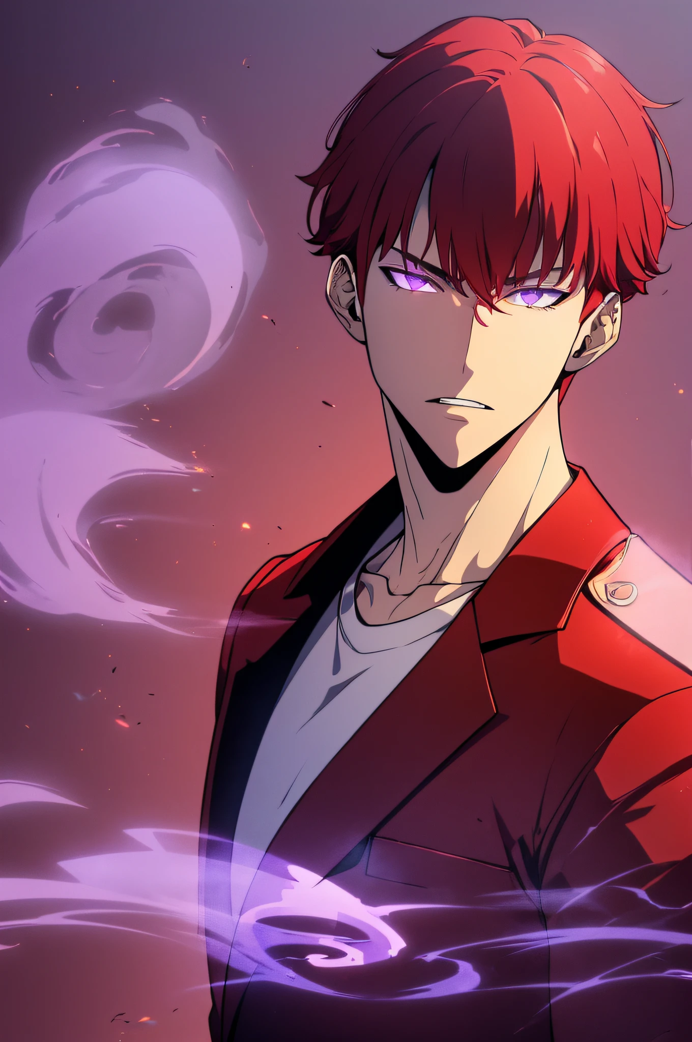 ((1boy)),solo leveling, ((red haired)), highres,high quality,realistic, masterpiece,has a purple aura outside his clothes, wearing a red,costume, l, angry ,badas, perfect fingers,face to face,close mouth, depth of field, sketch, dark intense shadows, sharp focus, soft lighting, hdr, colorful, good composition, smoke all around, spectacular, closed shirt, anime screencap,