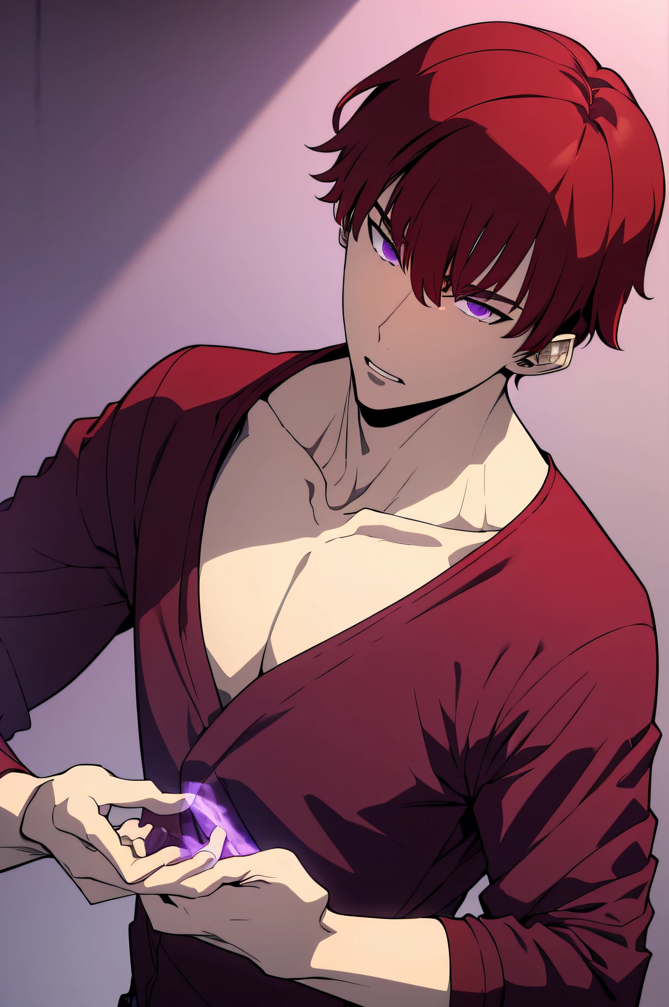 ((1boy)),solo leveling, ((red haired)), highres,high quality,realistic, masterpiece,has a purple aura outside his clothes, wearing a red,costume, l, angry ,badas, perfect fingers,face to face,close mouth, depth of field, sketch, dark intense shadows, sharp focus, soft lighting, hdr, colorful, good composition, smoke all around, spectacular, closed shirt, anime screencap,