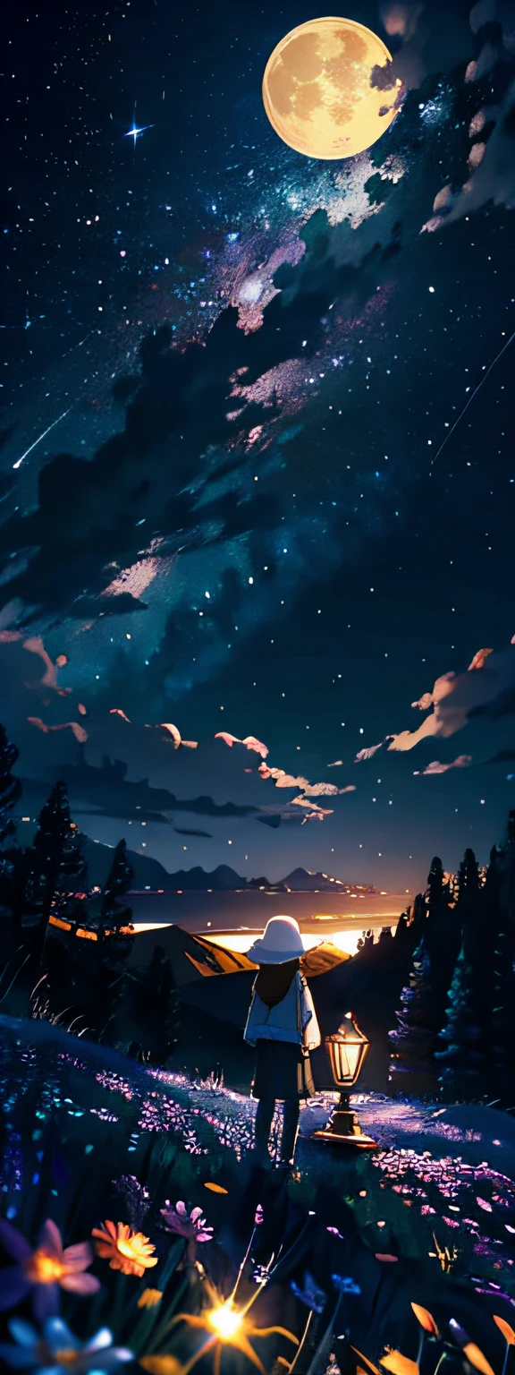 Expansive landscape photograph, (view from below with a view of the sky and the wilderness below), standing in a flower field looking up, (full moon: 1.2), (shooting star: 0.9), (nebula: 1.3), distant mountain, tree break production art, (warm light source: 1.2), (firefly: 1.2), lamp, purple and orange, intricate detail, volume lighting BREAK (masterpiece: 1.2), (highest quality ), 4k, ultra-detailed, (dynamic configuration: 1.4), highly detailed and colorful details (iridescent: 1.2), (sparkling lighting, atmospheric lighting), dreamy, magical, (solo: 1.2)
