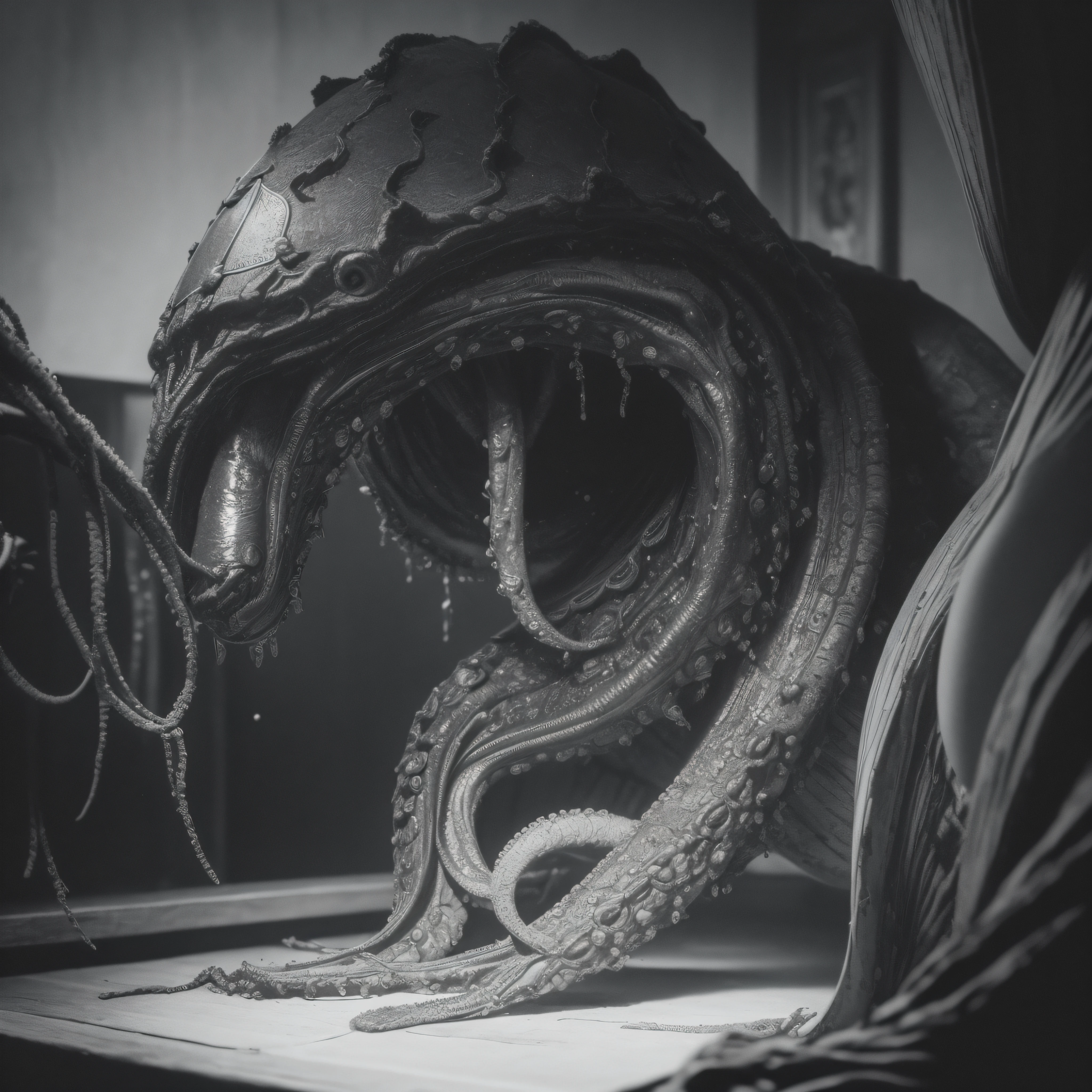(extremadamente detallado, obra maestra, La mejor calidad), Estilo oscuro, intense illumination, rostro con arrugas, lengua larga, tentacle, armadura medieval, oxide, monstruoso, interior de una piscina de agua verdosa, imagen submarina, alien con Colmillos finos. manchas de tinta. Rococo composition. Luz de caravaggio