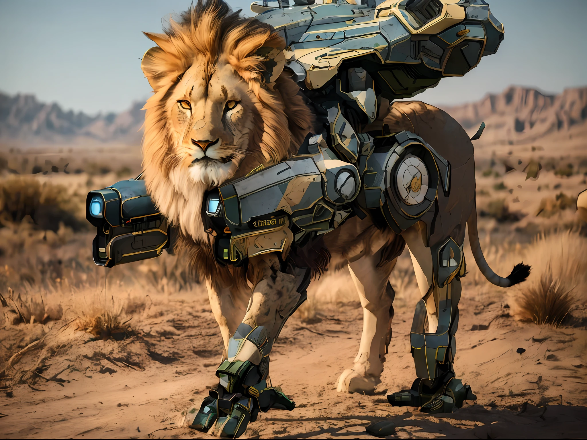 arafed lion with a camera strapped to its back, robot lion, mecha animal, caracal cyborg, 2 d full body lion, lion warrior, winston from overwatch, humanoid cheetah, robot animal, highly realistic concept art, lion body, armored cat, armored feline companion, mecha hound, cgi 8k, aslan the lion