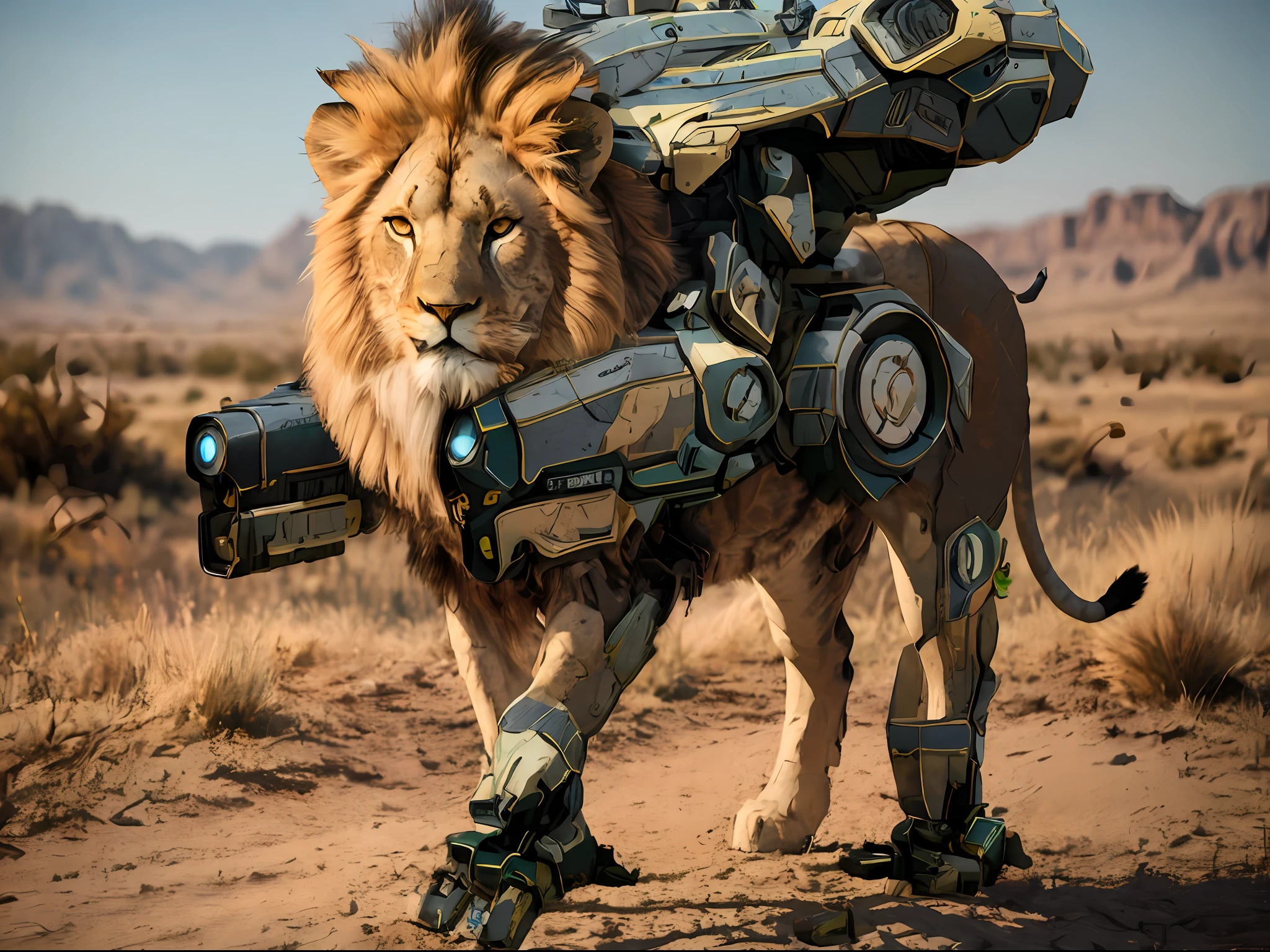 arafed lion with a camera strapped to its back, robot lion, mecha animal, caracal cyborg, 2 d full body lion, lion warrior, winston from overwatch, humanoid cheetah, robot animal, highly realistic concept art, lion body, armored cat, armored feline companion, mecha hound, cgi 8k, aslan the lion