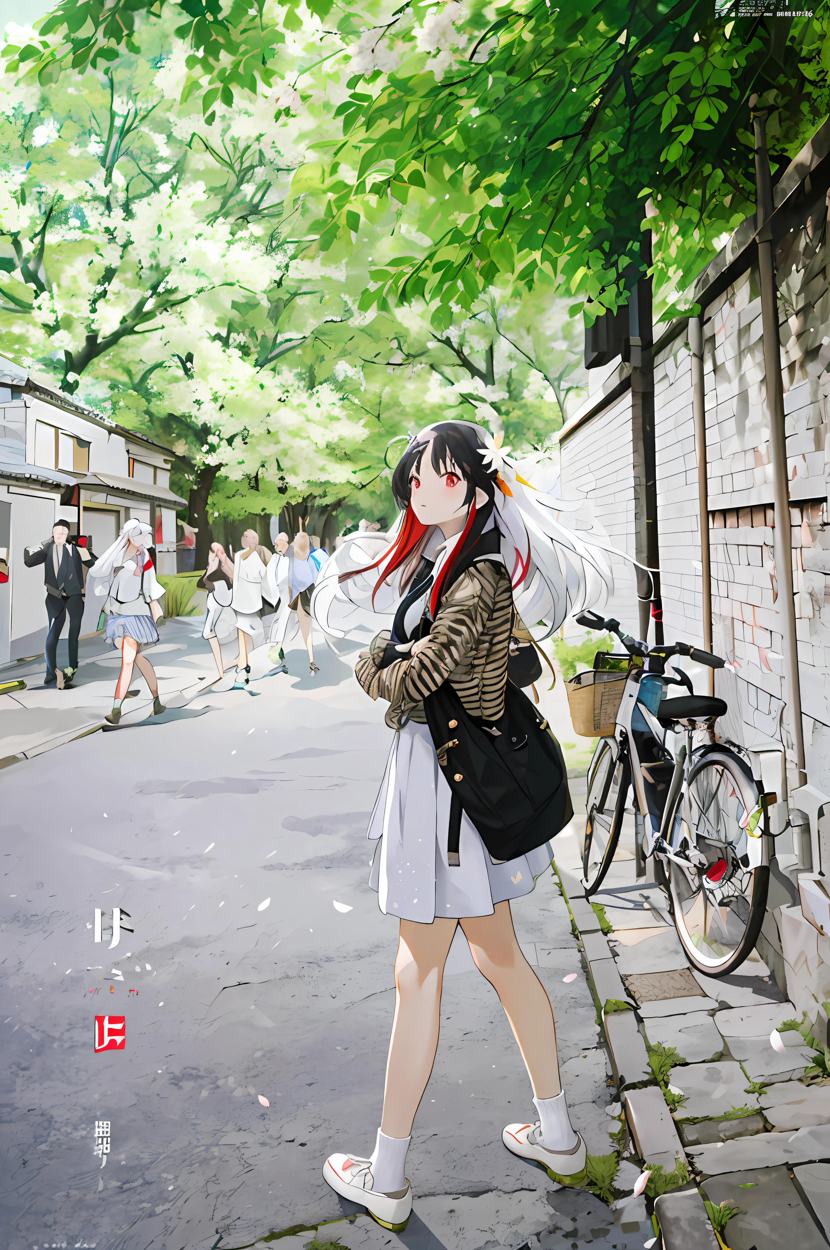 (Highest picture quality), (Master's work),(Detailed eyes description),(Detailed face description),
1girl,red eyes,white hair,(very long hair),very long hair (floating in the wind),hair ornament,white dress,small breast,bare legs,white socks,leather shoes,arms and hands behind back,blush,fluttering grass,(spring,sakura blossoms),petals,(lens flare),altocumulus,dazzling light,cool breeze,(shade) of [a sakura tree],meadow,(the grass is growing and the birds are flying),(lake,surface reflection)
(magazine:1.3), (cover-style:1.3), fashionable, woman, vibrant, outfit, posing, front, colorful, dynamic, background, elements, confident, expression, holding, statement, accessory, majestic, coiled, around, touch, scene, text, cover, bold, attention-grabbing, title, stylish, font, catchy, headline, larger, striking, modern, trendy, focus, fashion,