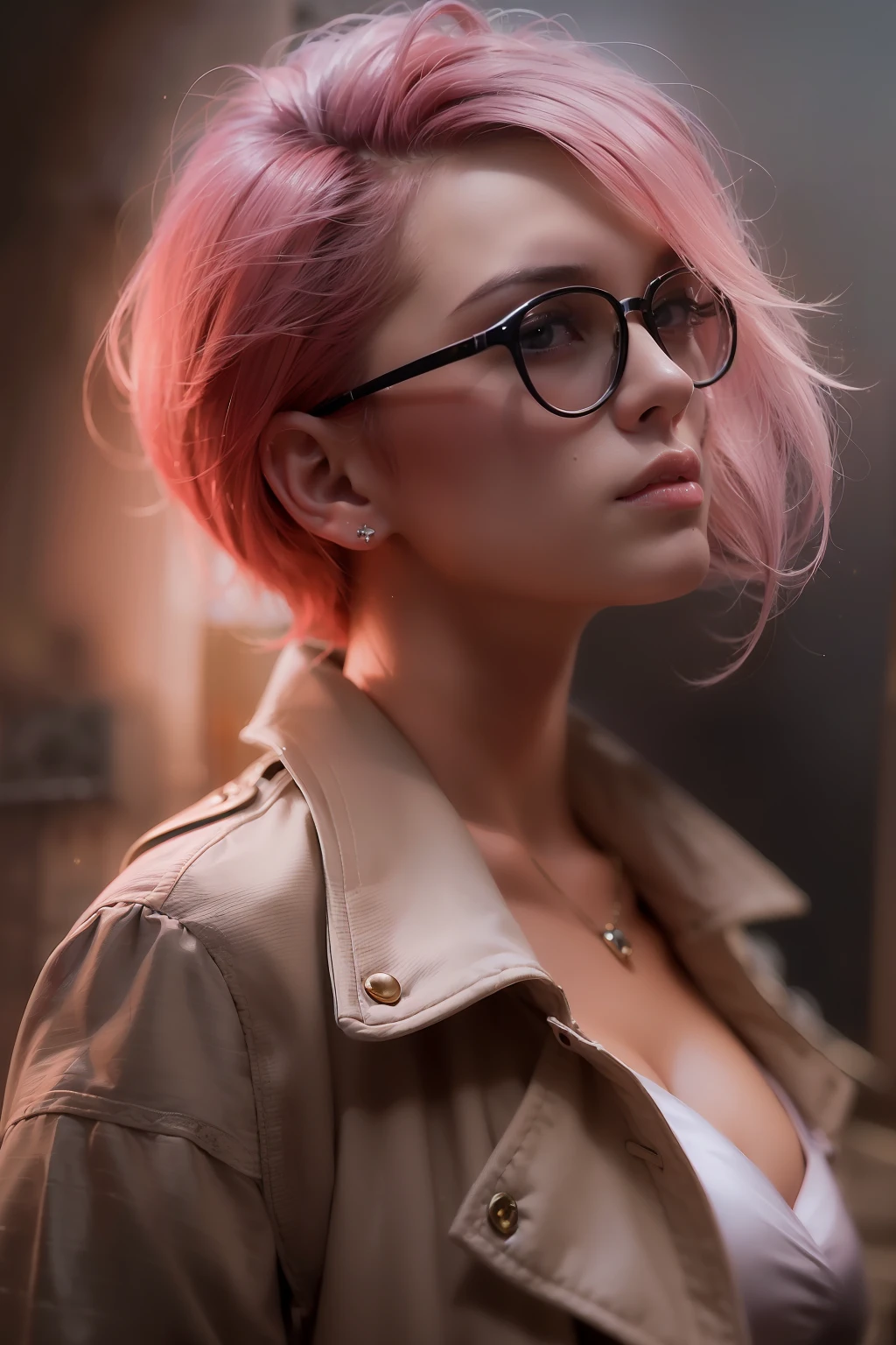 ( 
    (Character: one french woman, detective, slim body, slim, pink hair. shaved side haircut)
    (Clothing: pink trench coat, black shirt, glasses, boots)
    (Pose: full body shot:1.7, dynamic pose)
    (blurry, intense urban lights in background) 
    (Style: ((masterpiece:1.5)), (face detailed), photo-realistic:1.3, hyperrealistic, foggy, high contrast, shiny skin, soft lighting, backlighting, bloom, light sparkles, chromatic aberration)