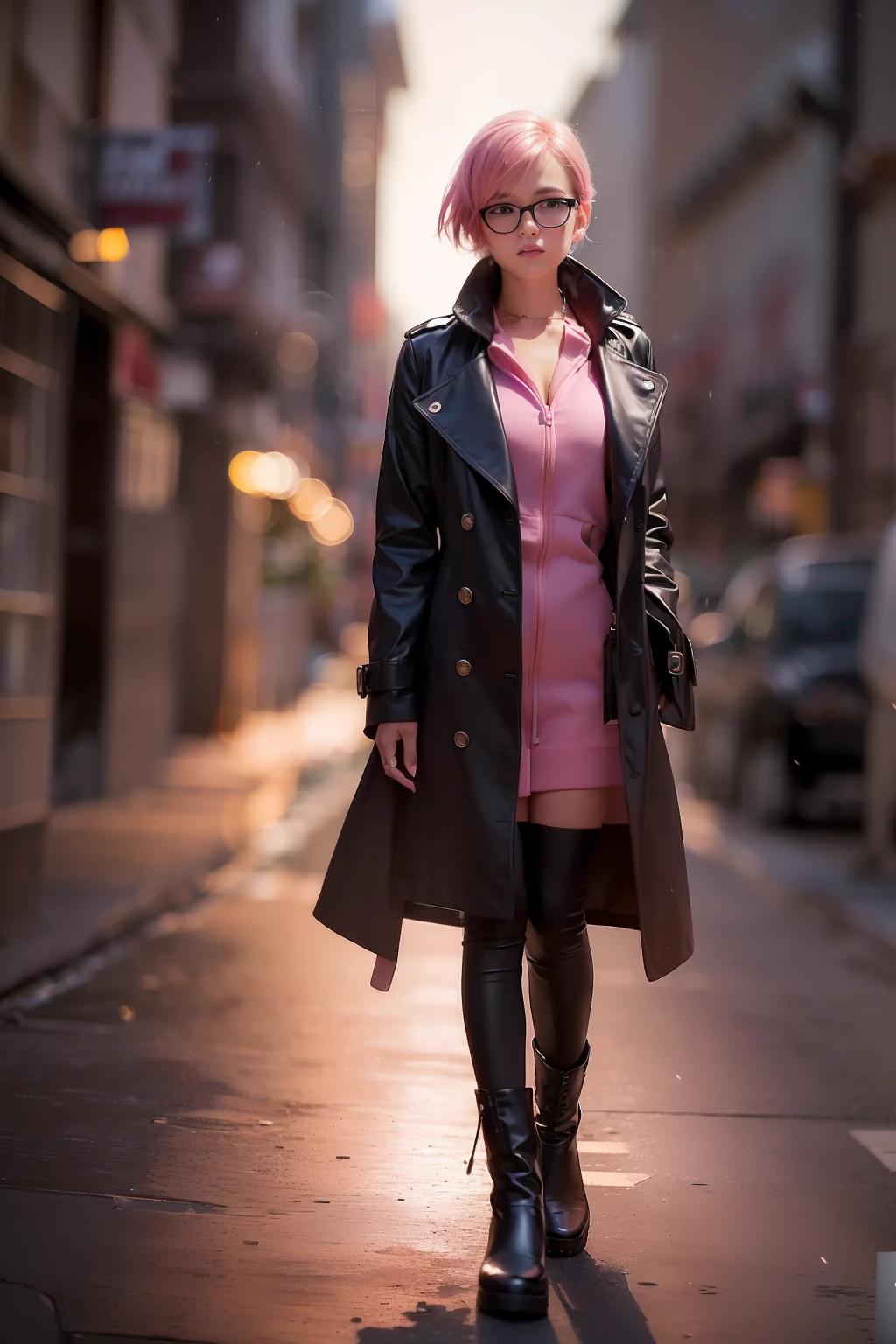 ( 
    (Character: one french woman, detective, slim body, slim, pink hair. shaved side haircut)
    (Clothing: pink trench coat, black shirt, glasses, boots)
    (Pose: full body shot:1.7, dynamic pose)
    (blurry, intense urban lights in background) 
    (Style: ((masterpiece:1.5)), (face detailed), photo-realistic:1.3, hyperrealistic, foggy, high contrast, shiny skin, soft lighting, backlighting, bloom, light sparkles, chromatic aberration)