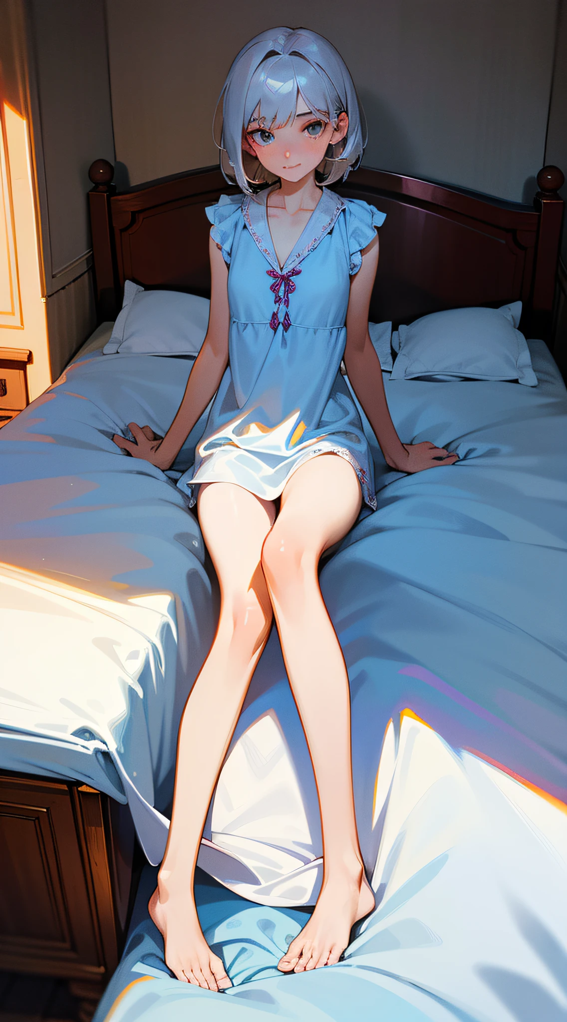1 beauty，delicated，The face is rich in detail，full bodyesbian，Barefoot，Bare legged，short detailed hair，silber hair，is shy，2 feet，2 legs，Lie down in bed，Bedrooms，Sunlight spills in，pyjamas，2 arms，tmasterpiece，highly details，Overlooking，facing to audience