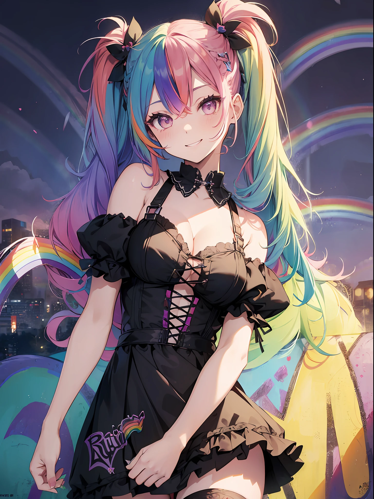 1 girl,Naughty smile, (rainbow hair:1.4),(Twin-tailed:1.3),Gothic ta Fashion,(Goth lolir ornament),off shoulders,cleavage,mid-riff peak,Street,graffiti wall,Dynamic Pose,Dynamic Angle,Intricate details, Hyper realistic, Perfect Anatomy