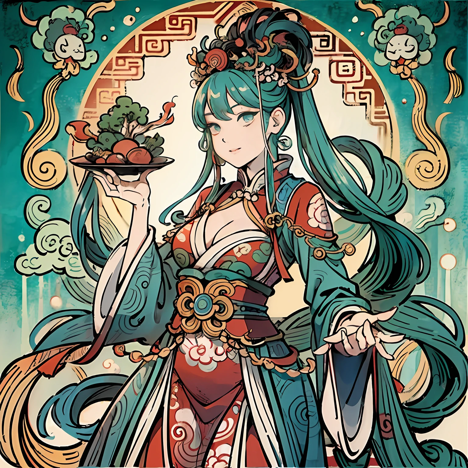 The woman in the red dress held a jade ruyi,Guanyin in the South China Sea in ancient China、Guanyin、In the image of the white-haired god,Artwork in the Z style is showcased。Ancient Chinese mythology was inspired by the paintings of Wu Daozi,The image of Mu Yanling is depicted, Queen of the Sea, and ancient Chinese beauties,A fusion of Taoist and Amaterasu。