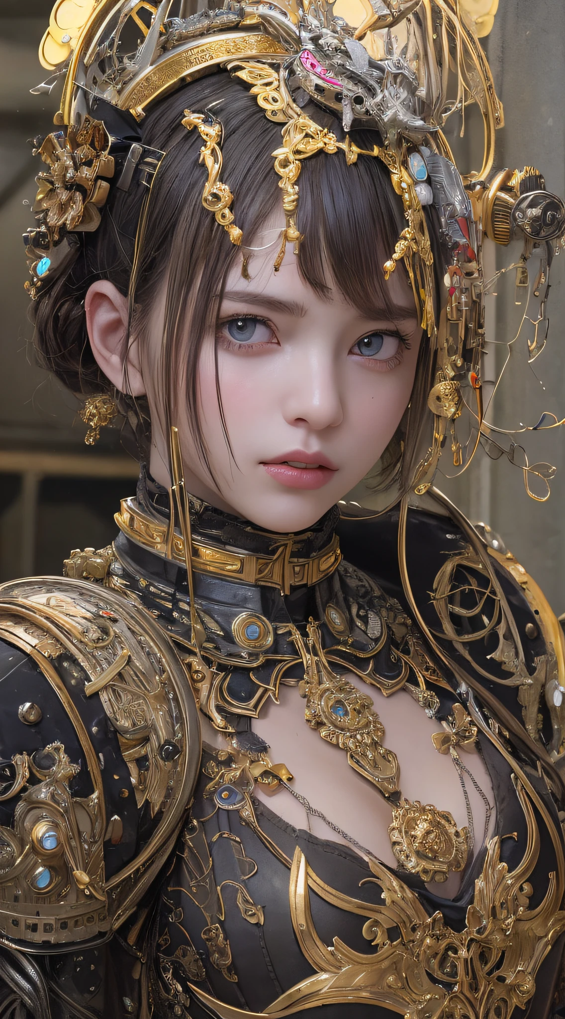 Top Quality, Masterpiece, Ultra High Resolution, (Photorealistic: 1.4), Raw Photo, 1 Girl, Black Hair, Glossy Skin, 1 Mechanical Girl, (Ultra Realistic Details)), Portrait, Global Illumination, Shadows, Octane Rendering, 8K, Ultra Sharp, Big, Cleavage Exposed Raw Skin, Metal, Detail of Intricate Ornaments, Steampunk details, Matsumoto meter, meter, vacuum tube, nixie suga, oil pressure gauge, glass tube, analog meter, gears, golden hydraulic cylinder, very intricate detail, realistic light, CGSoation trend, purple eyes, glowing eyes, facing the camera, neon details, mechanical limbs, blood vessels connected to tubes, mechanical vertebrae attached to the back, mechanical cervical attachment to the neck, sitting, wires and cables connecting to the head, Evangelion, small LED lamps,