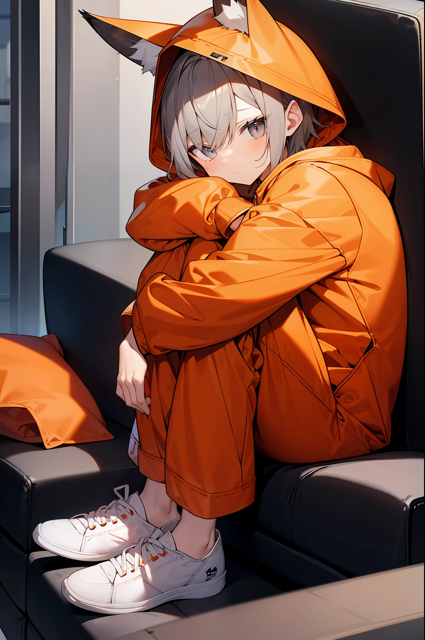 an 6 , Boy, grey messy medium hair, grey eyes, pale skintone, wearing an orange fox onesie, orange hoodie over his head, Fox ears on hoodie, fox onesie and orange pants connected together, sitting on sofa/couch, small size, 107cm tall, house environment, night outside, depressed, moody, hugging his own knees, depression, sad,