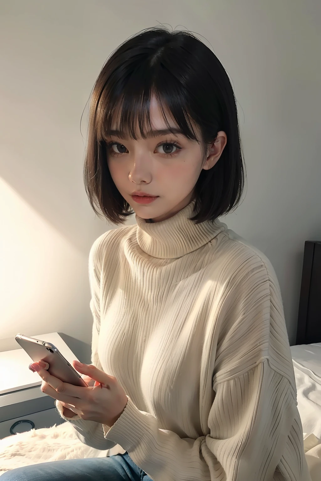 (Girl wearing turtleneck sweater, with clean lines, Innocent and lovely, Play with your phone, Facial expressions are natural and vivid, Comb her short, fashionable hair, middle parted bangs, Delicate skin, Bedroom background decorated in minimalist style, Shot with natural light and soft, Expression satisfaction and relaxation, A warm, soft light shone on her face, It shows a warm and comfortable visual experience)