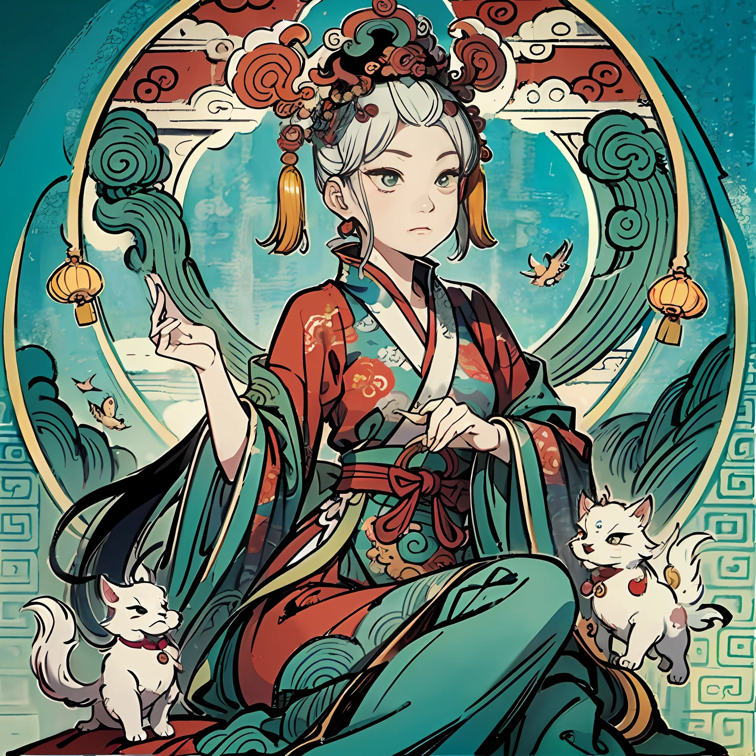 The woman in the red dress held a jade ruyi,Guanyin in the South China Sea in ancient China、Guanyin、In the image of the white-haired god,Artwork in the Z style is showcased。Ancient Chinese mythology was inspired by the paintings of Wu Daozi,The image of Mu Yanling is depicted, Queen of the Sea, and ancient Chinese beauties,A fusion of Taoist and Amaterasu。